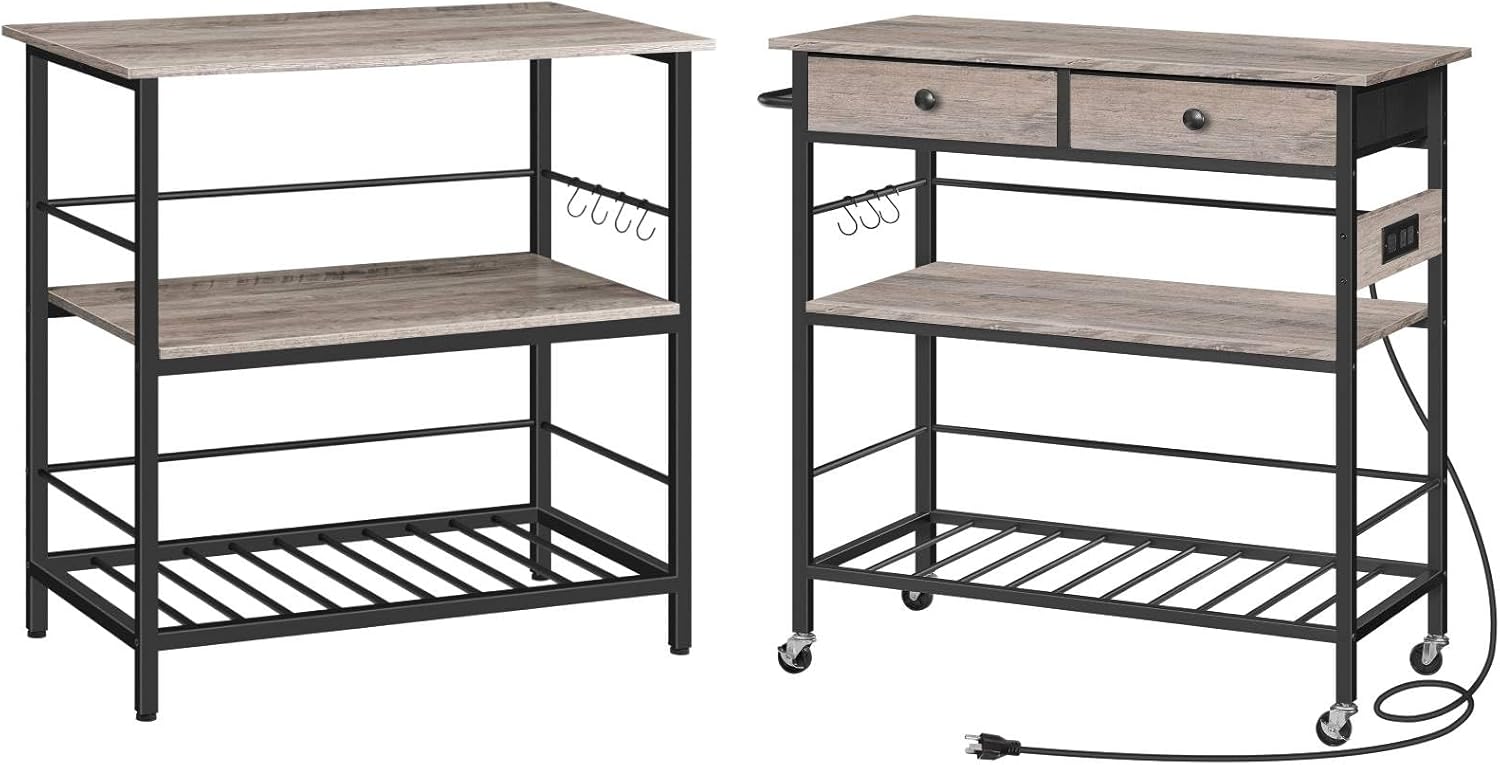 HOOBRO Kitchen Island Kitchen Island with Storage Bundle, Kitchen Island Table with Power Outlet, 3 Tier Coffee Station and Microwave Stand, Greige and Black BG021ZD01-BG08UZD01