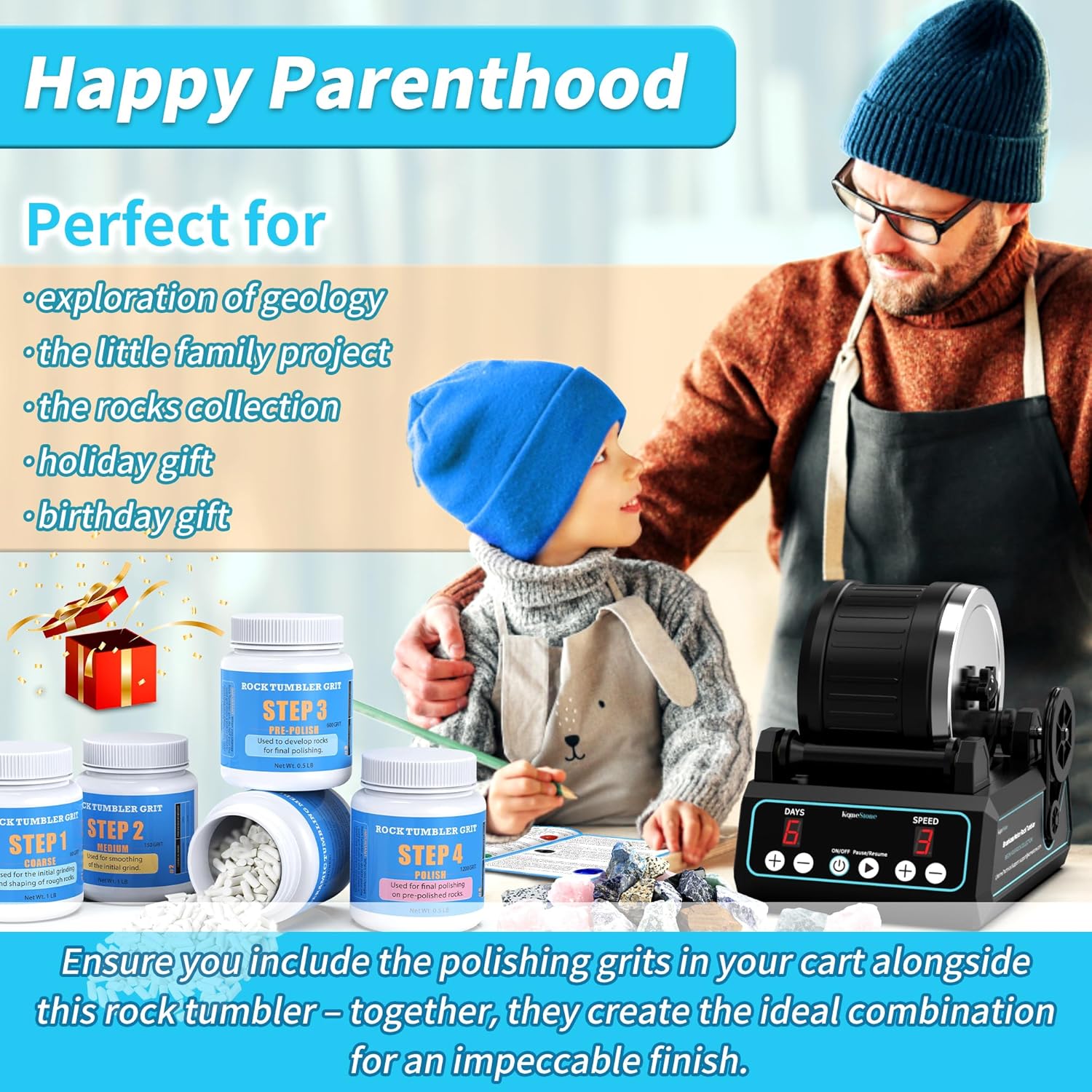 K1 Pro Professional Cutting-Edge Brushless Motor Advanced Rock Tumbler Polisher Kit, Large 2.5Lb Barrel with 3-Speed & 9-Day Timer, Includes All Accessories, Ideal Gift for Adults & Collectors