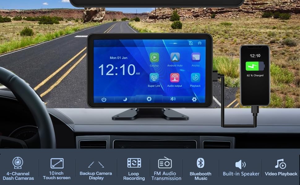 10.1'' Touch Screen 4CH 1080P Car Dash Cam DVR Backup Camera System FM Radio Built-in Speaker Wireless Apple CarPlay Android Auto Link Audio Output Playback for Truck Caravan Trailer Motorhome RV