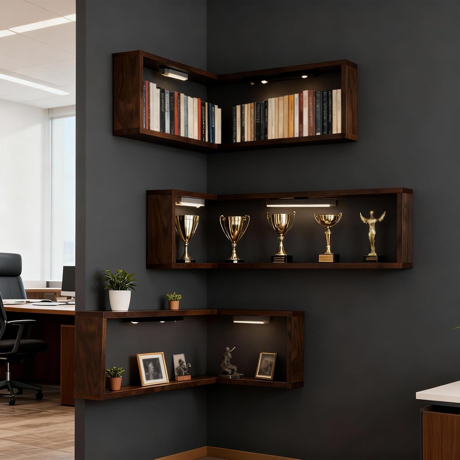 Amacthysh Corner Shelves L-Shaped Wall-Mounted Corner Shelf Display Rack Wood Color Corner Floating Storage Shelves for Books Decor Plants,3pcs