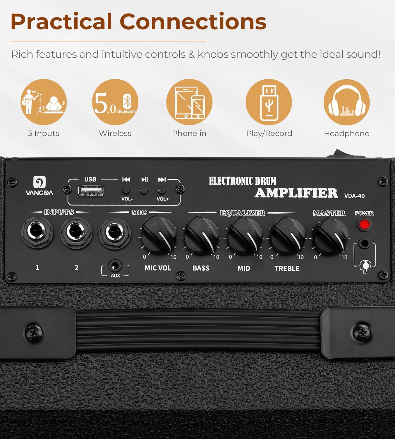 Vangoa Electric Drum Amp 40W Professional Amplifier Speaker, 3 Inputs 3 Band EQ Wireless Electronic Drum Monitor, Keyboard Speaker Includes Power Cable, Black