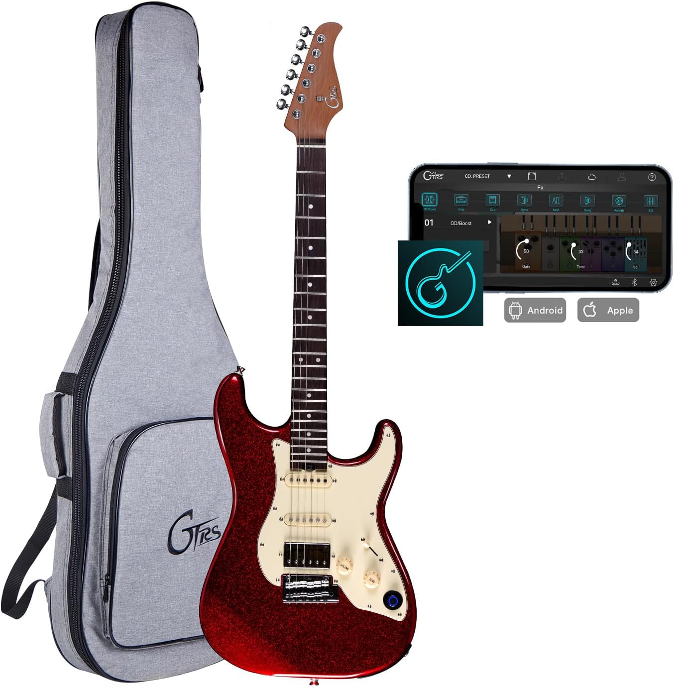 GTRS S800 Smart Electric Guitar Kit with Effects System, HHS Pickup, Loop Drum Machine, 12 Hours Battery Life, Rosewood Fretboard Glossy Paint for Beginner, Professional Player, Performance