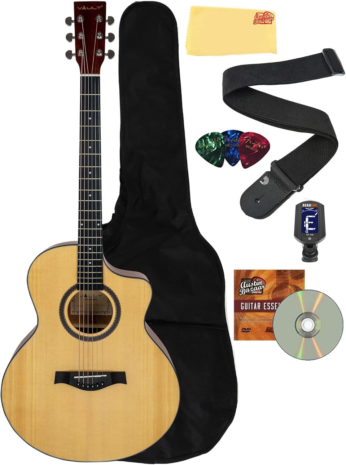 Vault EA-40 Full-Size Solid Spruce Top Cutaway Acoustic Guitar - Mahogany Bundle with Gig Bag, Tuner, Picks, Strap, and Polishing Cloth