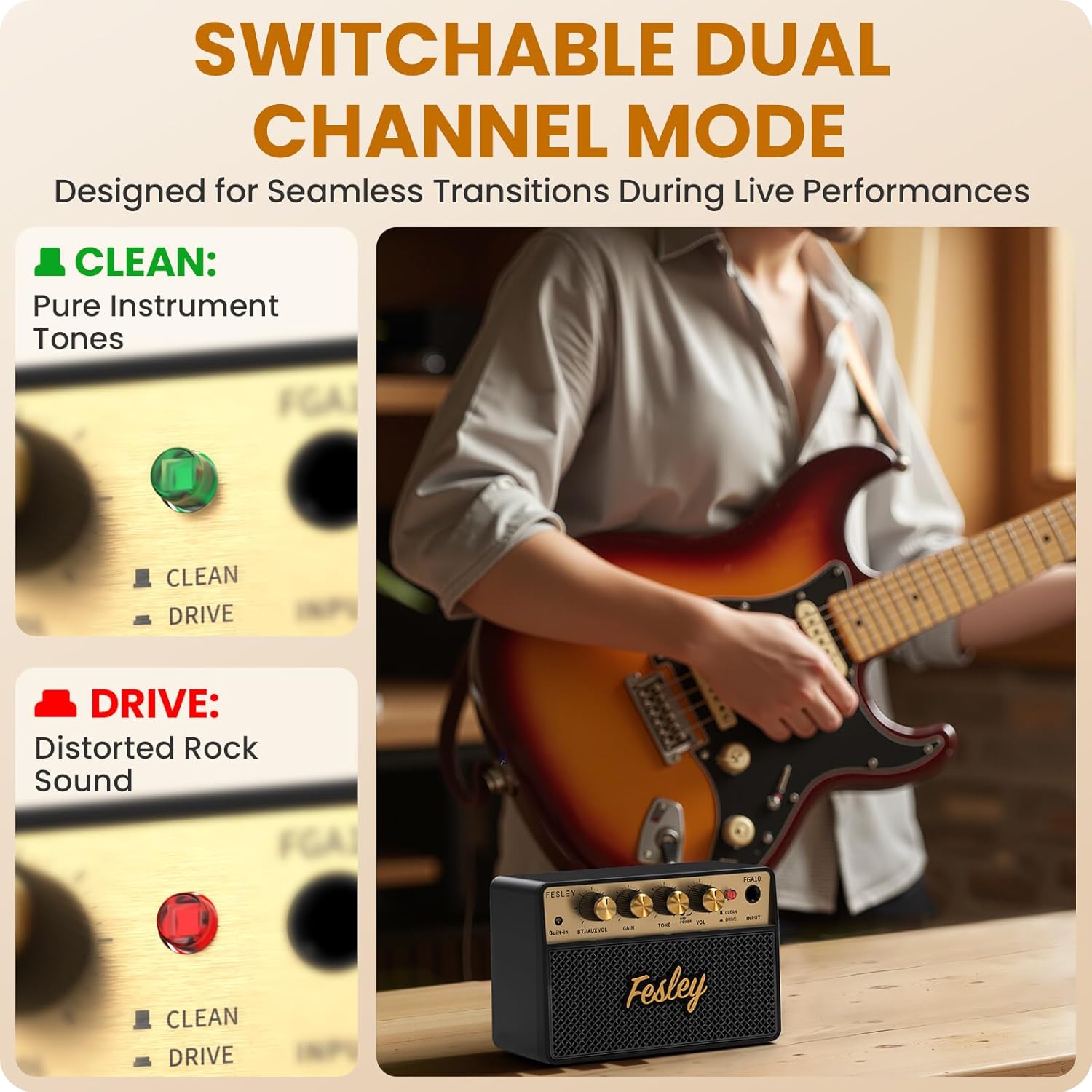 Fesley LP Electric Guitar with Arched Top Gold+Fesley Mini Guitar Amp 10W Portable Recharged Guitar Amplifier