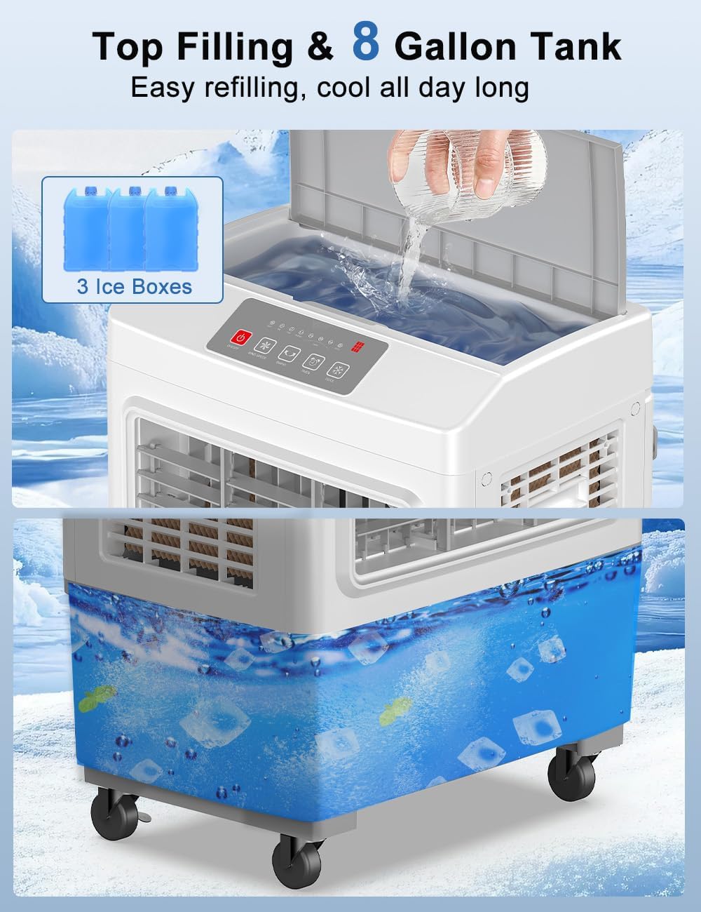 Large Swamp Cooler Air Conditioner, 2200CFM Evaporative Air Cooler, 7H Timer & 8 Gal Water Tank, 100°Oscillation, 3 Speeds & 3 Ice Boxes,Remote, Portable Air Conditioner for Garage, Large