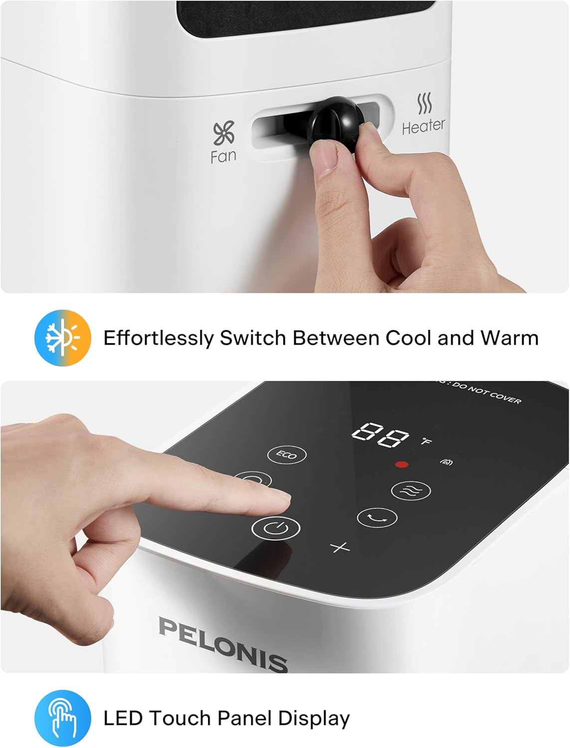 PELONIS Oscillating Tower Fan and Heater Combo with Remote Control - Heater Fan Combo for Indoor Use – 3 Fan and 2Heater Speeds, 12-HR Timer, ECO Mode, Tip Over and Overheat Protection, White