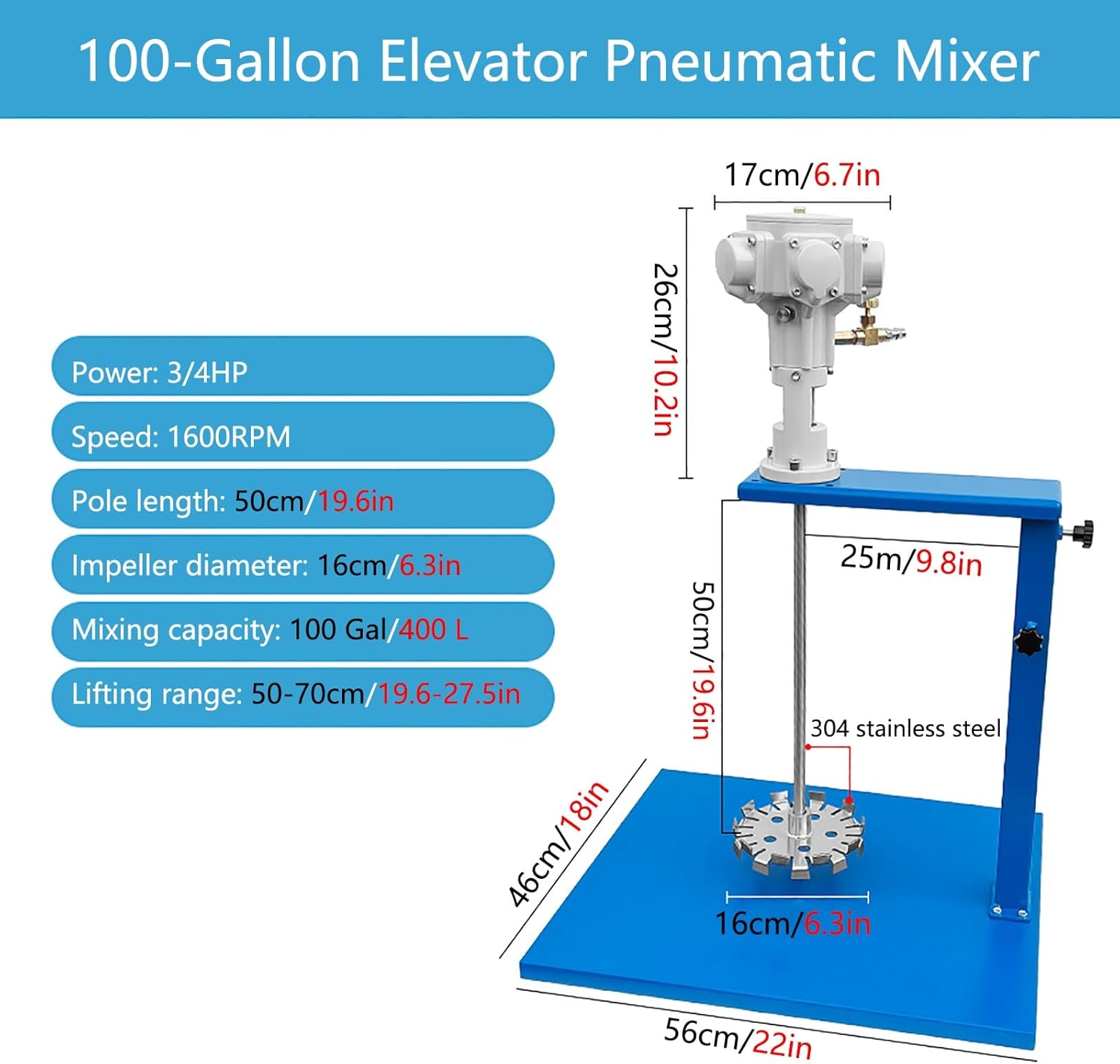 100 Gallon Paint Mixer Machine, 3/4HP Lifting Air Agitator, with Stand, Ink Coating Mix Tool(Stainless Steel Blade)