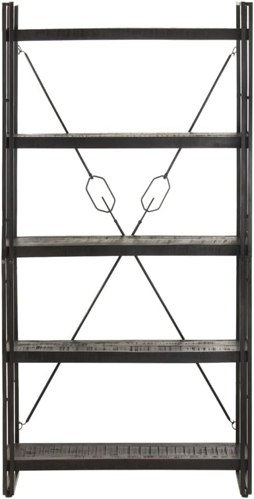 Black Industrial Bookcase, Solid Rough Mango Wood, Powder-Coated Steel Frame, 5-Tier Display Shelf, 11.8x35.4x71 Inch, Living Room Storage Home Office