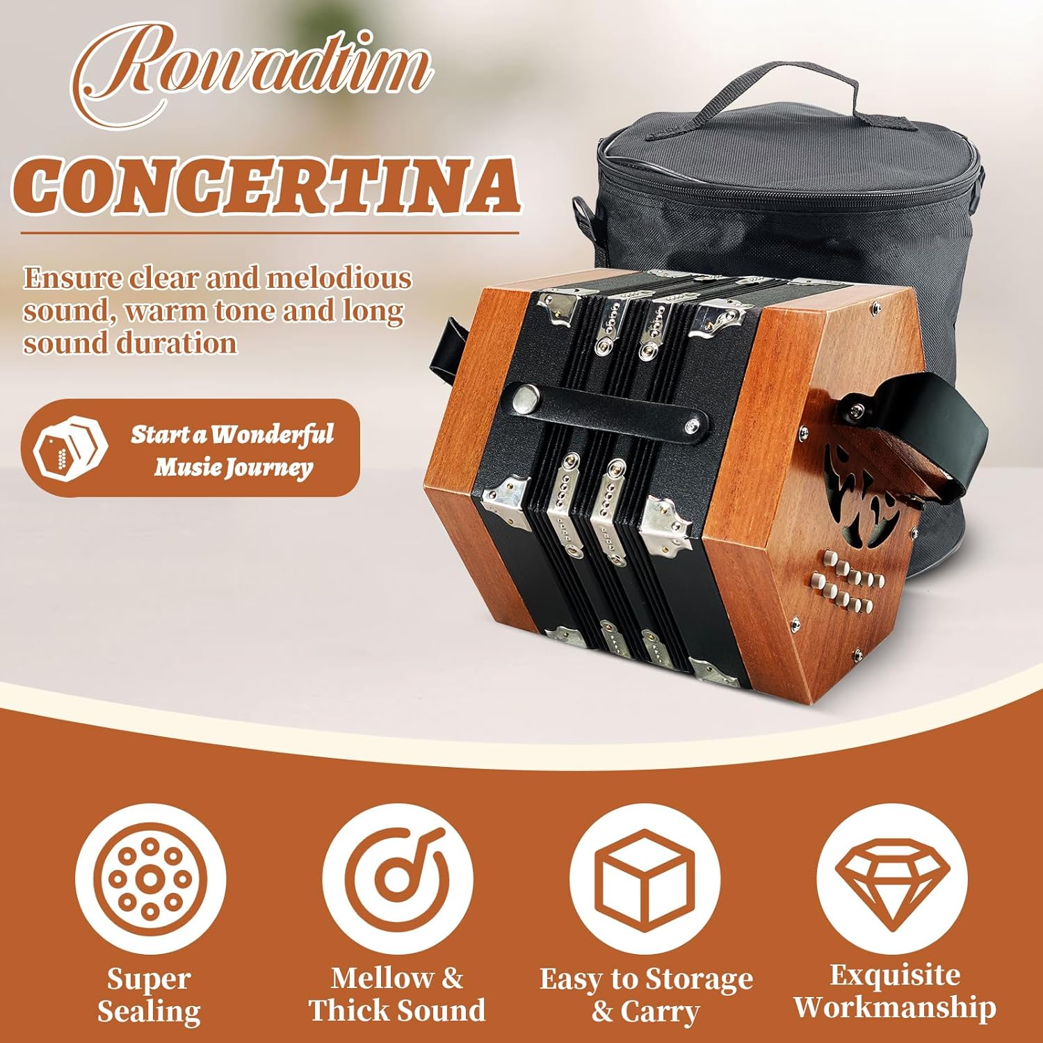 Concertinas,20-key accordion for adults, professional accordion for beginners, adjustable hand straps, instrument accessories (WOOD)