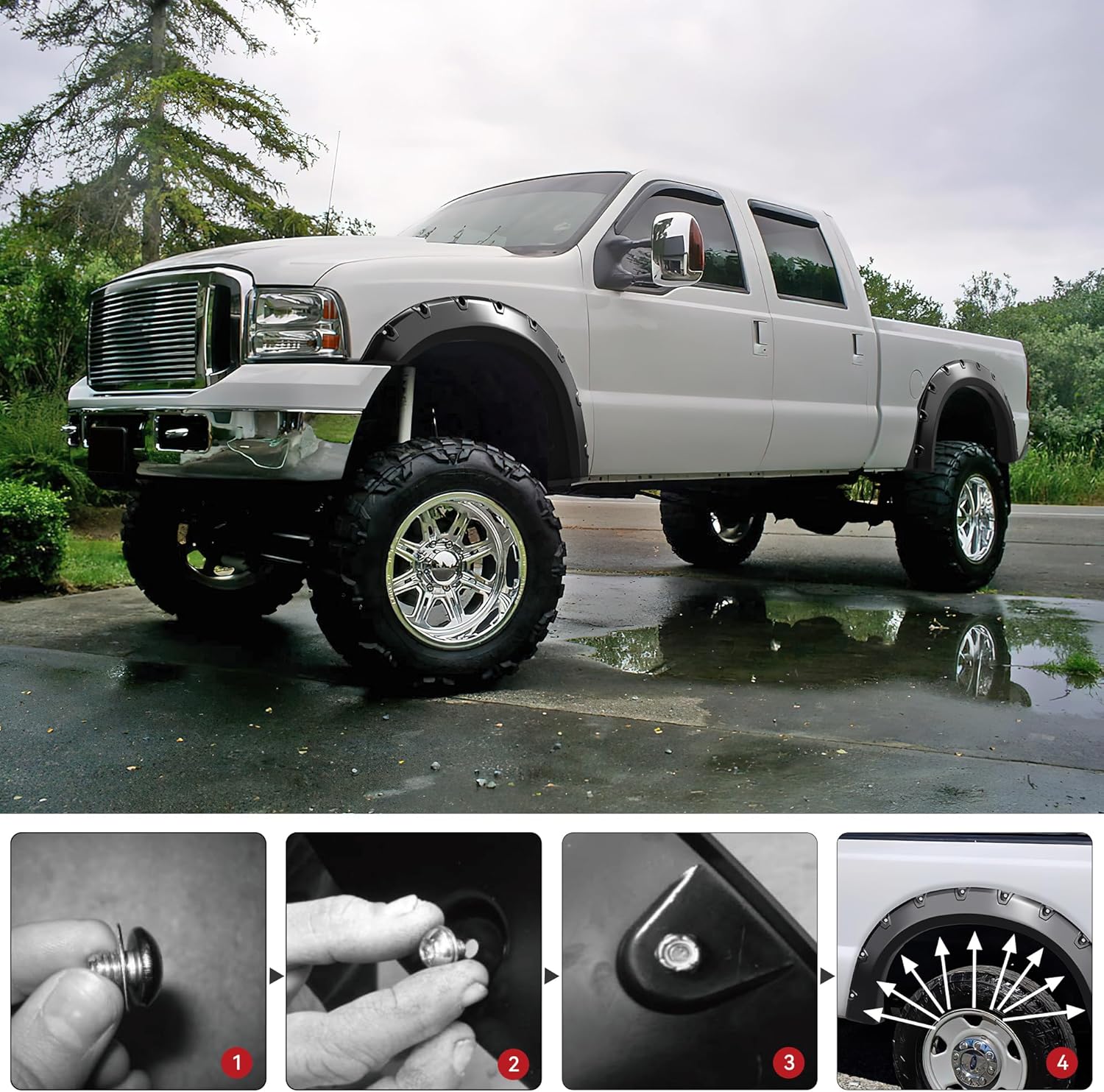 LEDKINGDOMUS Fender Flares Kit Compatible for 1999-2007 Ford F-250 / F-350 / F-450 Super Duty, UV Protected Dura-Flex Material Smooth Black Finish Front Rear Fenders Pocket Rivet Style 4pcs