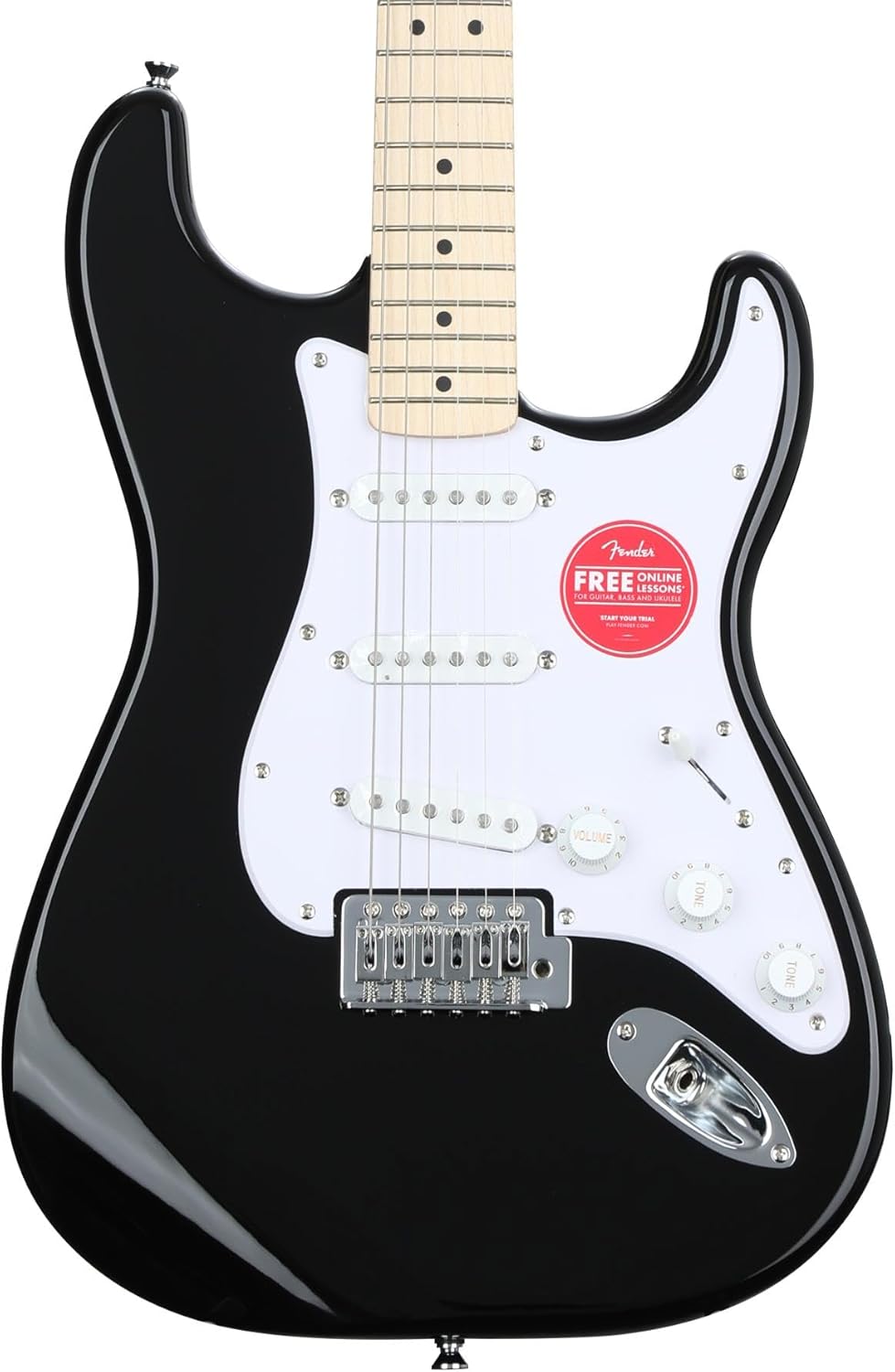 Fender Squier Sonic Stratocaster Electric Guitar - Black Finish, Maple Fingerboard, Includes Tuner and Strap