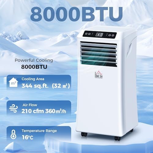 HOMCOM 8000 BTU Portable Air Conditioner for Rooms Up to 344 Sq. Ft., 3-in-1 AC Unit with Cooling Fan, Dehumidifier, Sleep Mode, Remote Control, 24H Timer, Window Installation Kit, White