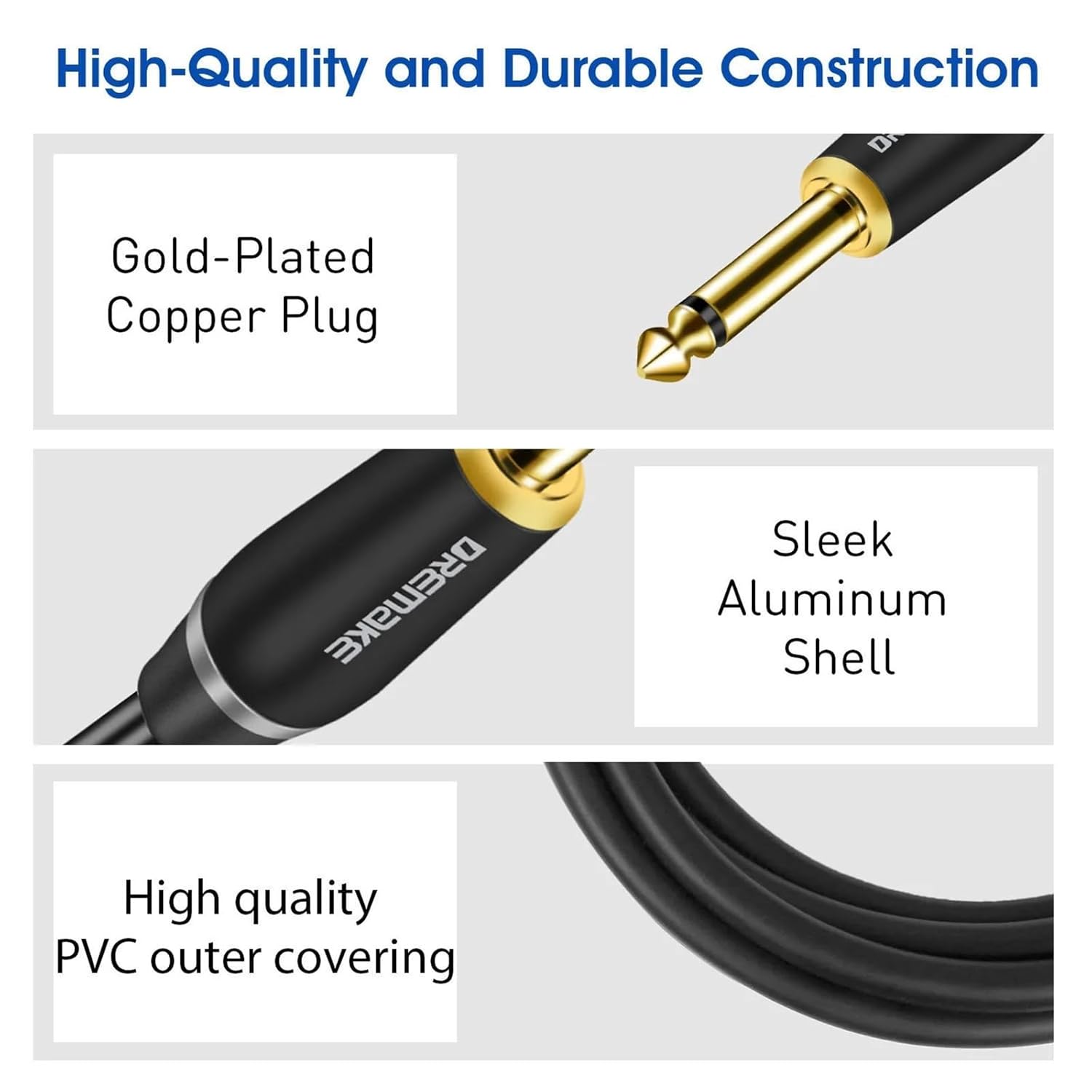 6.5mm TS Instrument Cable 1/4 Inch Right Angle to Electric Guitar Bass Audio Cord for Keyboard Mixer Amp Ect(6.5mm-TS,1m)