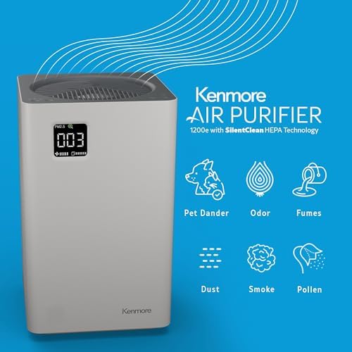 Kenmore PM2010 Air Purifiers with H13 True HEPA Filter, Covers Up to 1200 Sq.Foot, 24db SilentClean 3-Stage HEPA Filtration System, 5 Speeds for Home Large Room, Kitchens & Bedroom, PM2010