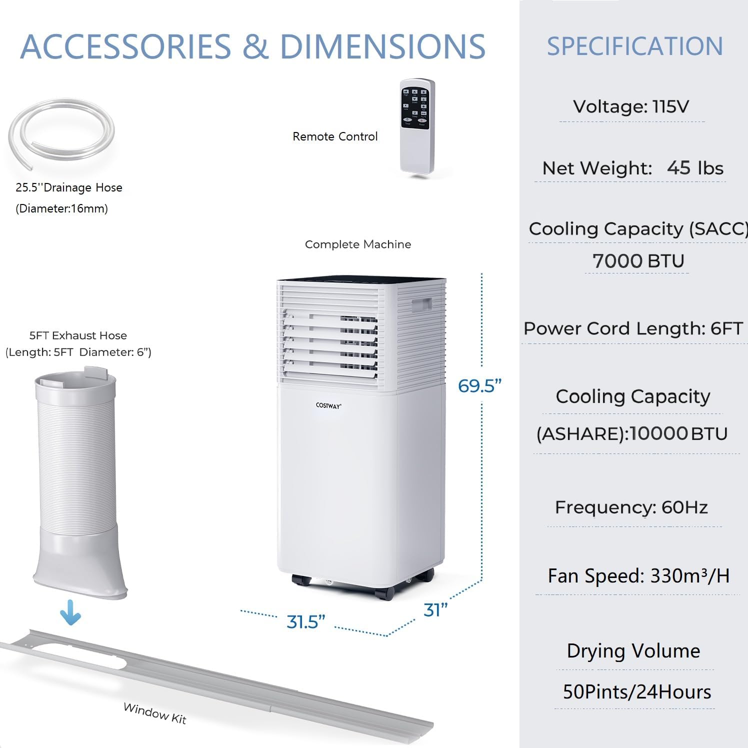 SIMOE 10000BTU Portable Air Conditioner, 4-in-1 Portable AC Unit for room Cooling up to 350 sq.ft, with Remote Control, 24H Timer & Window Kit, Built-in Cool, Dehumidifier & Sleep Modes