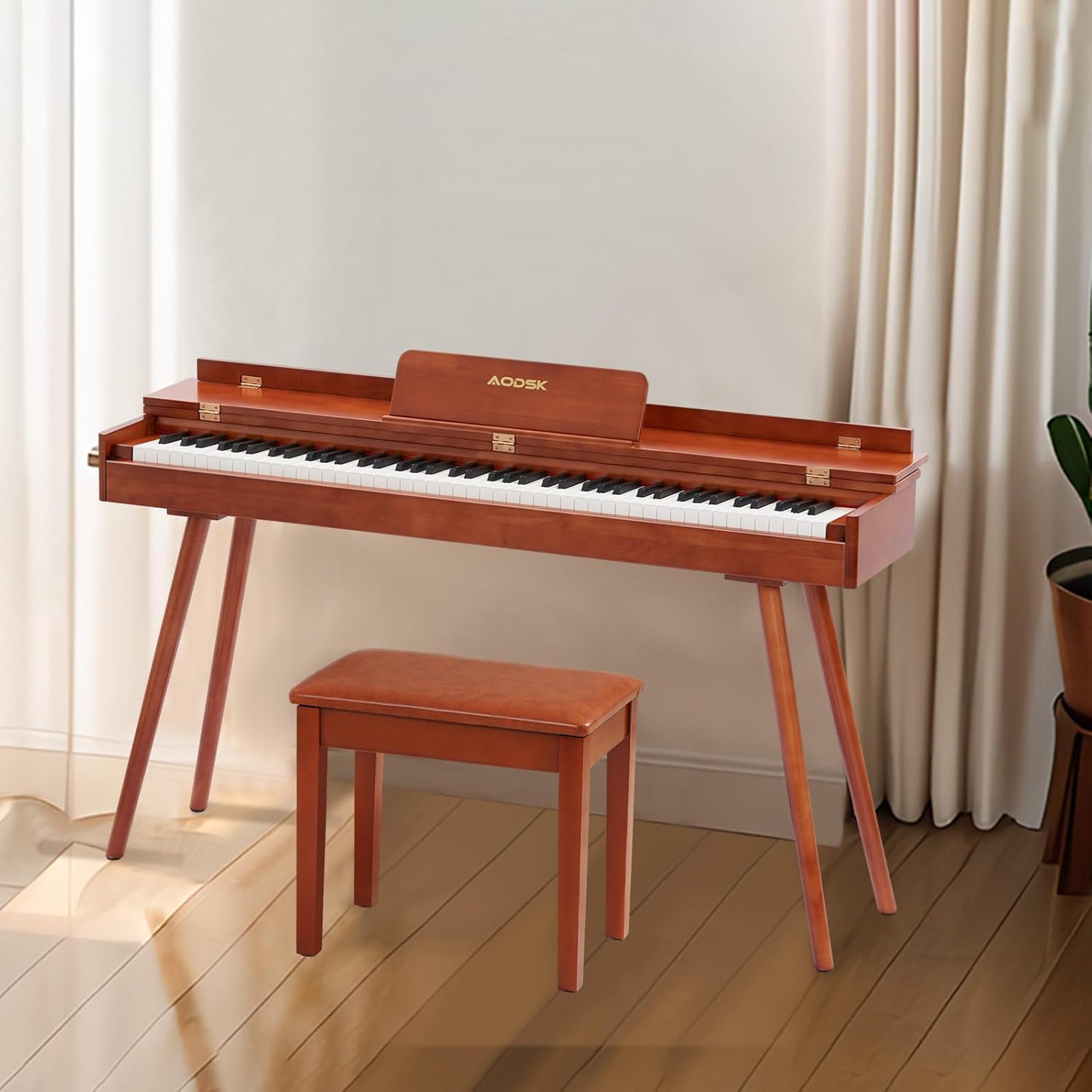 AODSK Digital Piano 88 Key Full Size Weighted Keyboard Solid Wood Frame + Solid Wood Brown piano Bench
