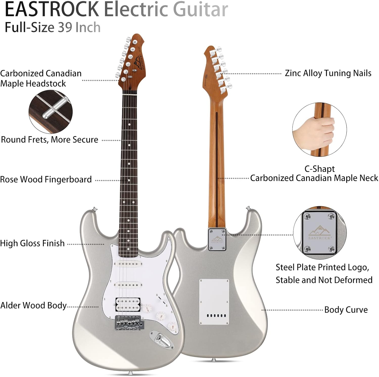 EASTROCK 39 inch Full-Size Electric Guitar Kit Guitar Stand Professional Portable，Gray