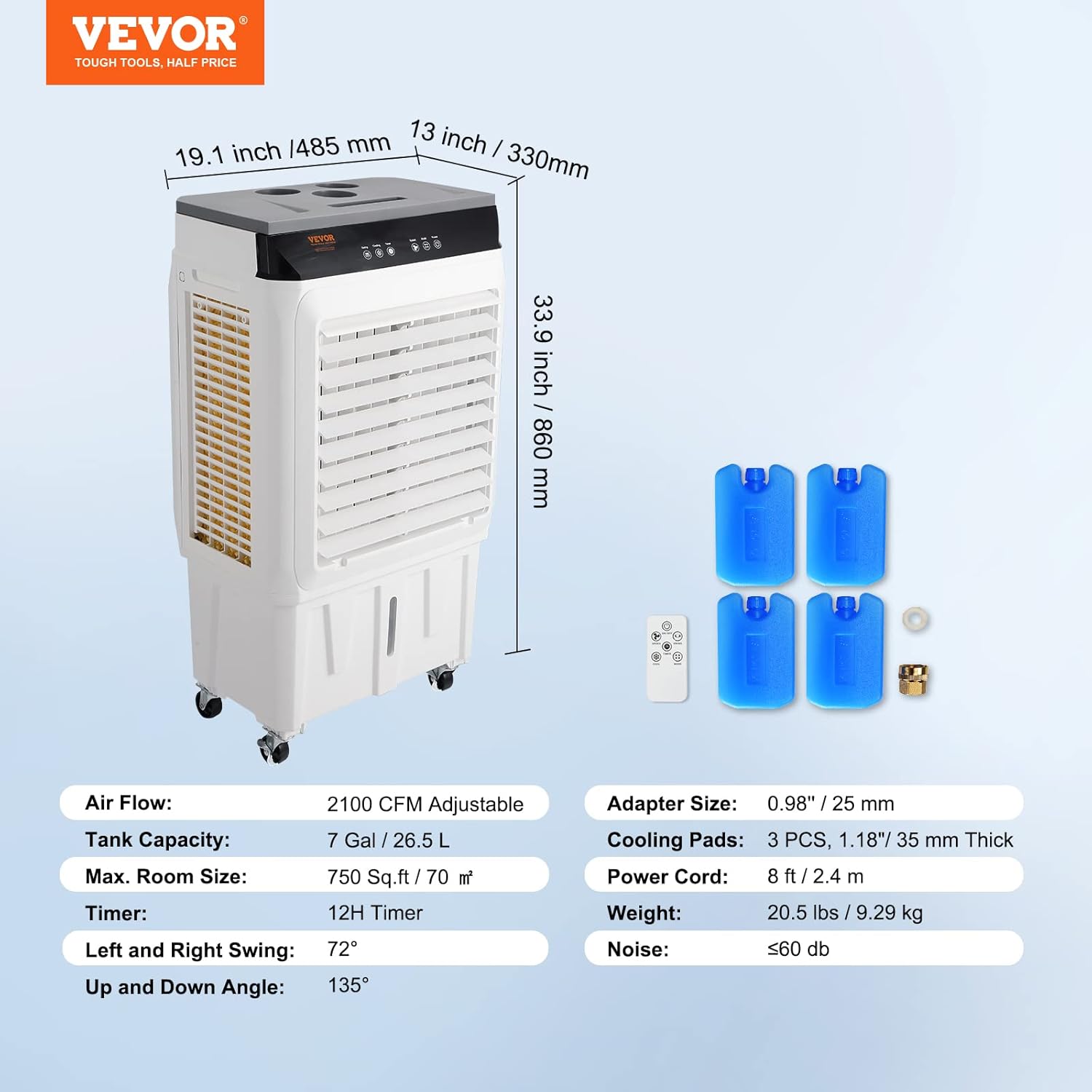 VEVOR Evaporative Air Cooler,120W 2100CFM Swamp Cooler with 7 Gal Water Tank,12H Timer,3 Modes & Speeds and Humidifying Portable 3-IN-1 Cooling Fan,Remote Control,Use for 750 Sq.Ft Indoor or Outdoor