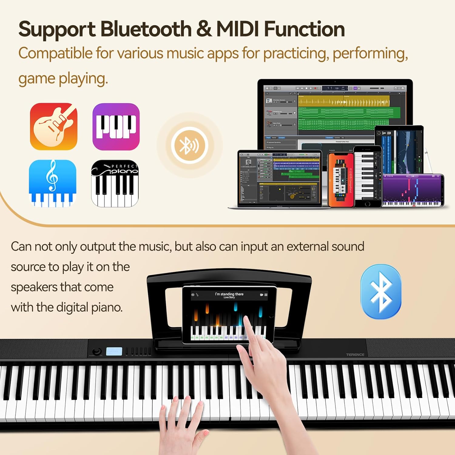 TERENCE V30 Digital Piano 88 Key Weighted Keyboard,Full Size Piano Keyboard with 2X5W Speakers,Music Stand and Sustain Pedal,Portable Folding Piano Gift Teaching for Beginners