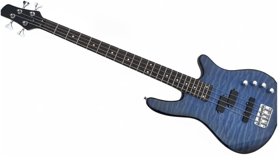 Electric Bass Guitar 4 String 24 Frets Full Size Pickups Blue Tiger Flame Burst Solid Basswood Body for Beginners