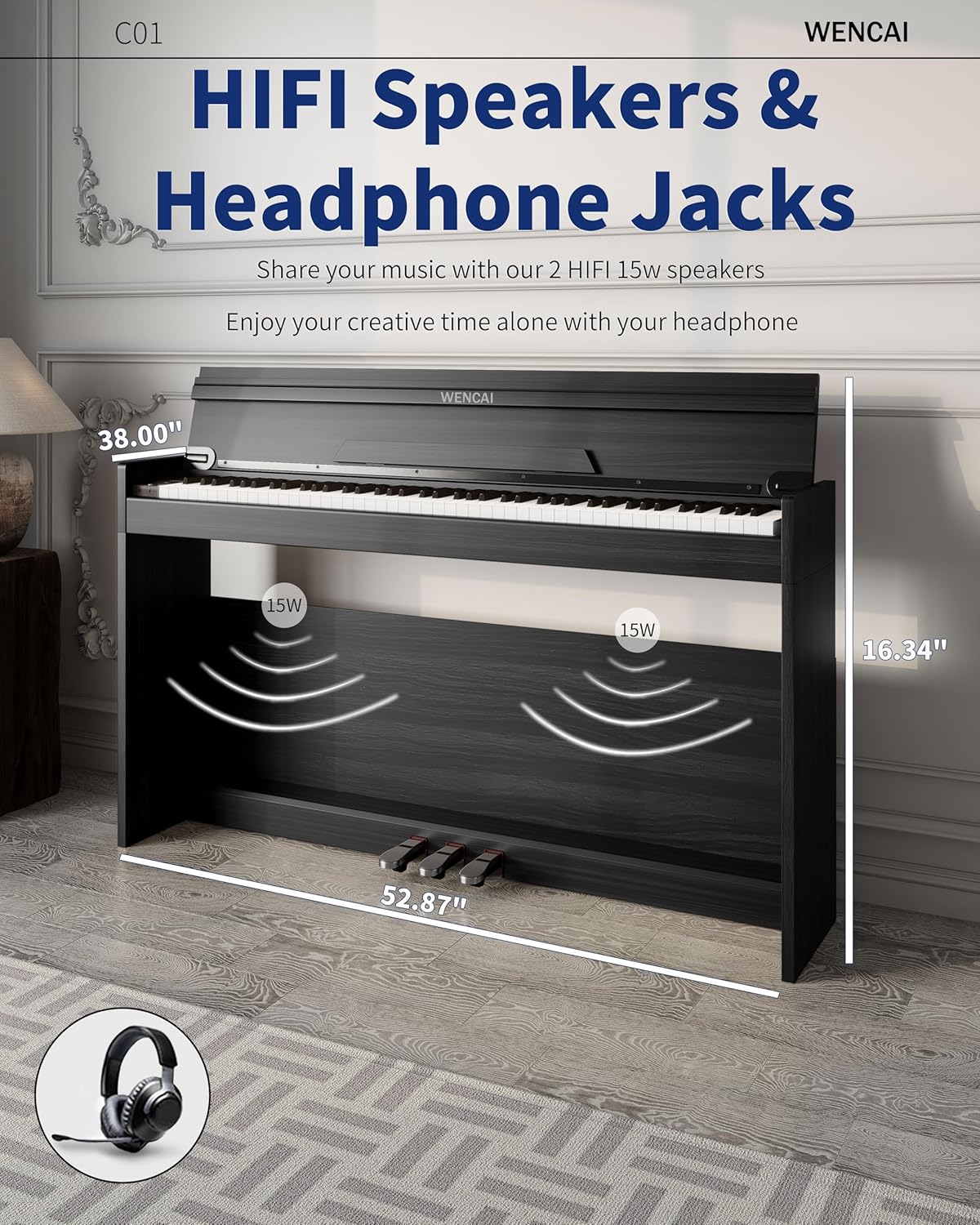 WENCAI 88 Keys Fully Weighted Digital Piano Keyboard, Hammer Action Upright Electric Piano for Beginner Professional with Cushioned Drop Cover, 3 Pedals, Black