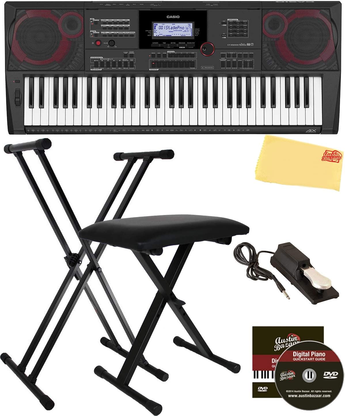 Casio CT-X5000 61-Key Keyboard Bundle with Adjustable Stand, Bench, Sustain Pedal, Online Lessons, Austin Bazaar Instructional DVD, and Polishing Cloth