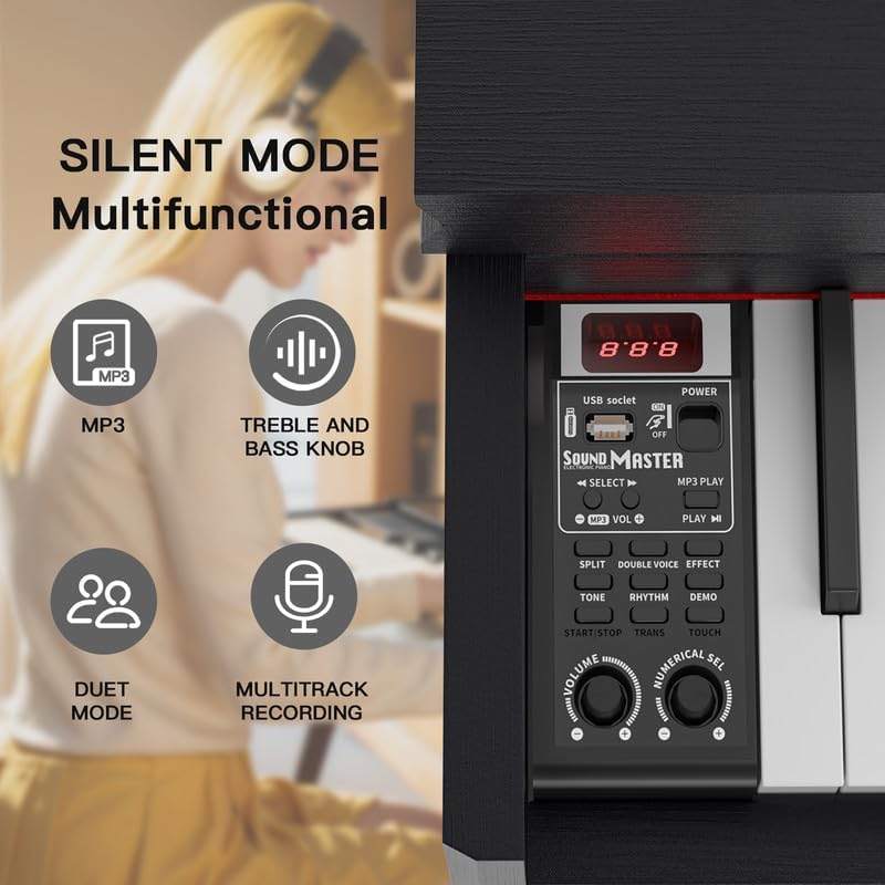 88 Key Full Size Weighted Digital Piano Keyboard, 88keys Semi-Weighted Electric Multi-Functional Keyboard piano with Stand, Pedal, Power Adapter for Beginner/Leanrner (Piano with Bench Set)