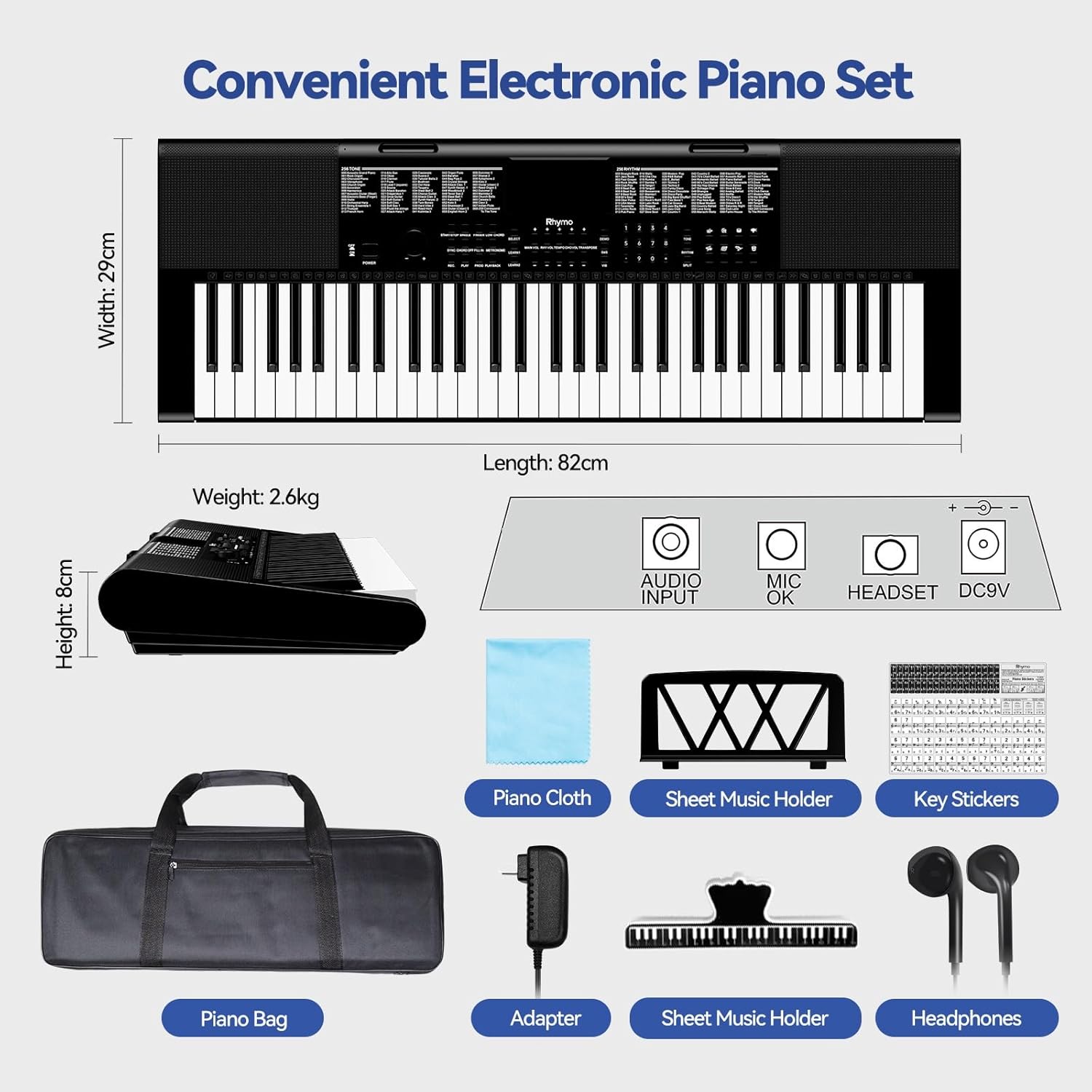 Keyboard Piano 61 Keys, Electric Piano Keyboard Kit with 255 Voices, 255 Rhythms, Powered by Power Adapter or Battery with LCD Display, Includes Sheet Music Stand, Piano Note Stickers, Earbuds