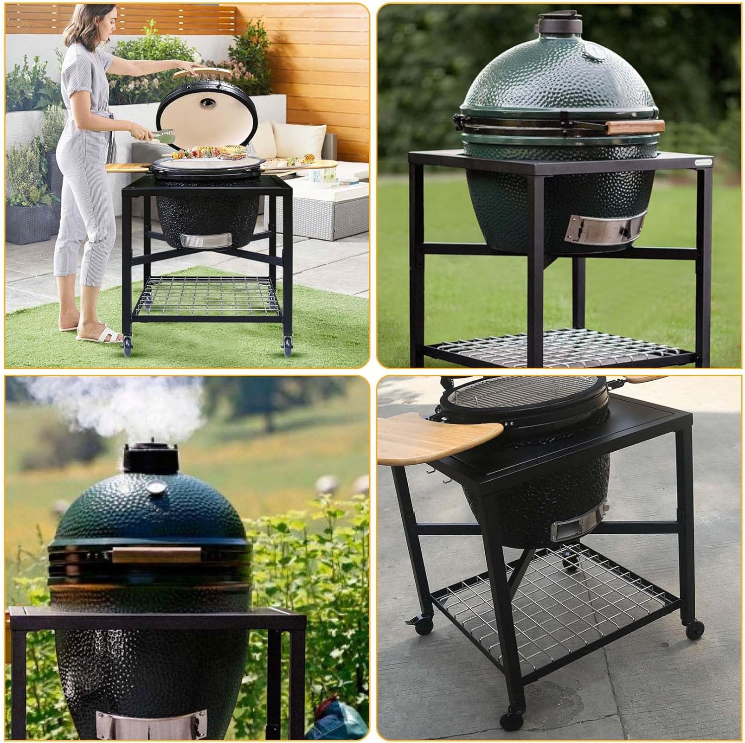 CANDANA Modular Nest Frame for Large Big Green Egg, Rolling Cart for Big Green Egg Large Table Nest Frame Kamado Joe Grill Stand with Wheel Stainless Steel Outdoor Grilling Accessory