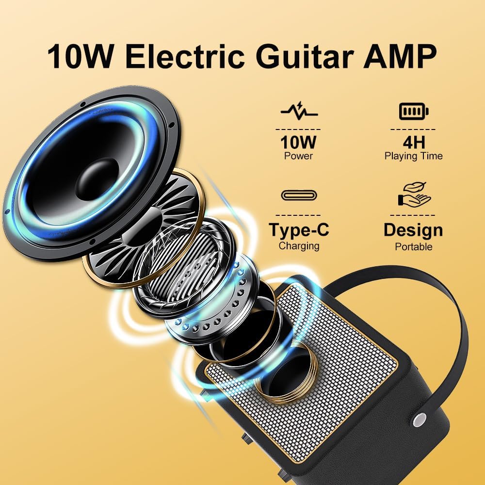 10W Electric Guitar Amp Portable and Rechargeable Guitar Amplifier with 7 Effects for Daily Practice Black
