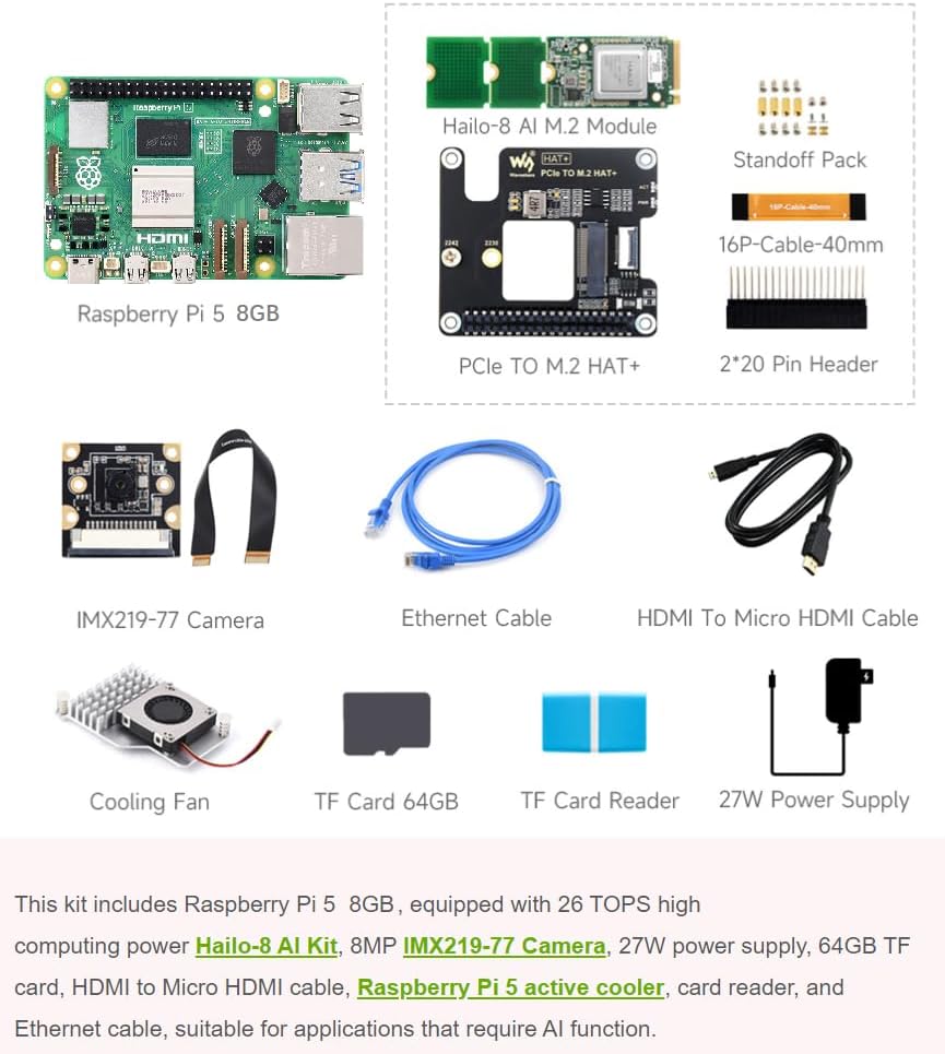Raspb Pi 5 AI Kit, Including PI5-8GB Board, Hailo-8 M.2 AI Accelerator Module, PCIe to M.2 HAT+, PI5-IMX219-77 Camera, 64GB TF Card, Pi5 Cooler, Cables and Other Accessories Items (PI5-8GB AI Kit B)