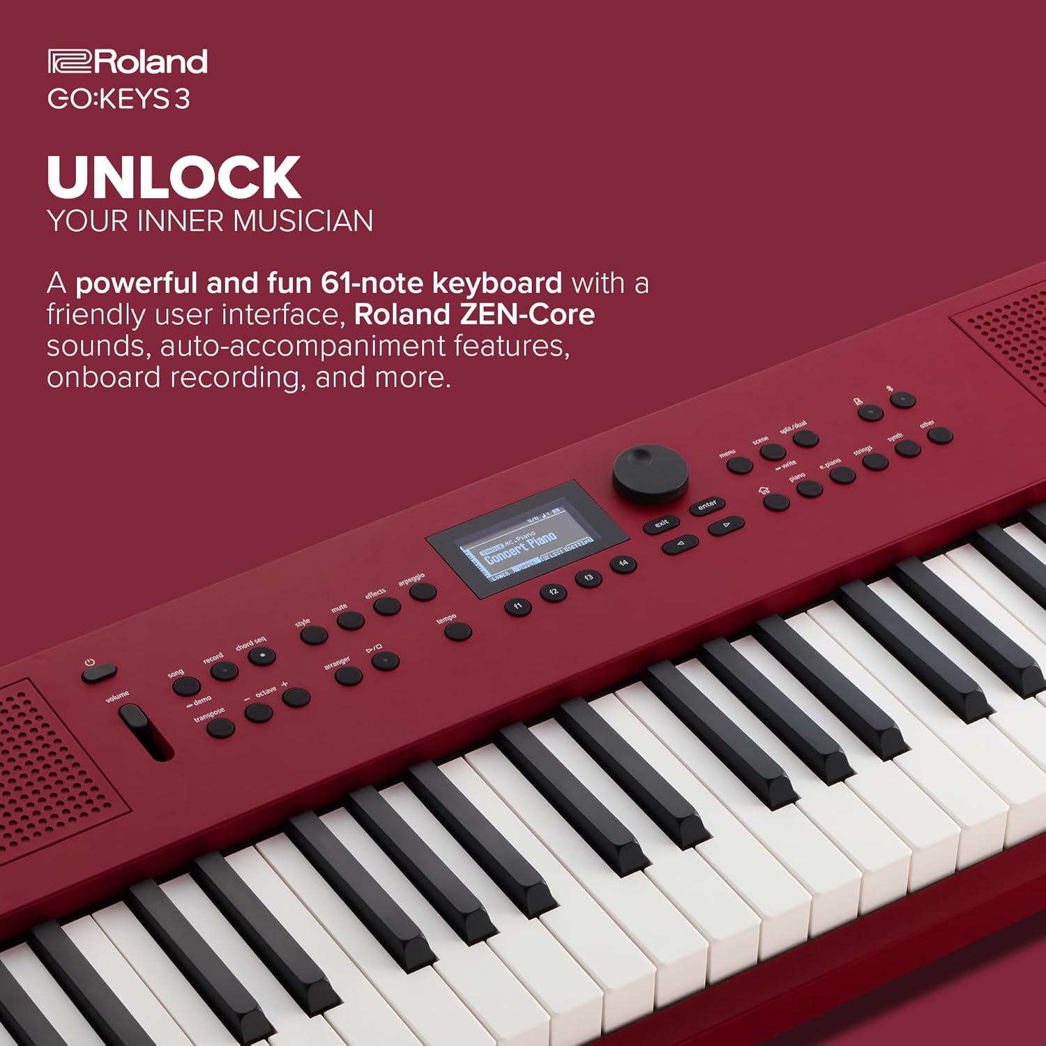 Roland GO:KEYS 3 Music Creation Keyboard | 61-Note Keyboard | Built-In Stereo Speakers | Bluetooth Audio/MIDI Support for Music Streaming - Dark Red