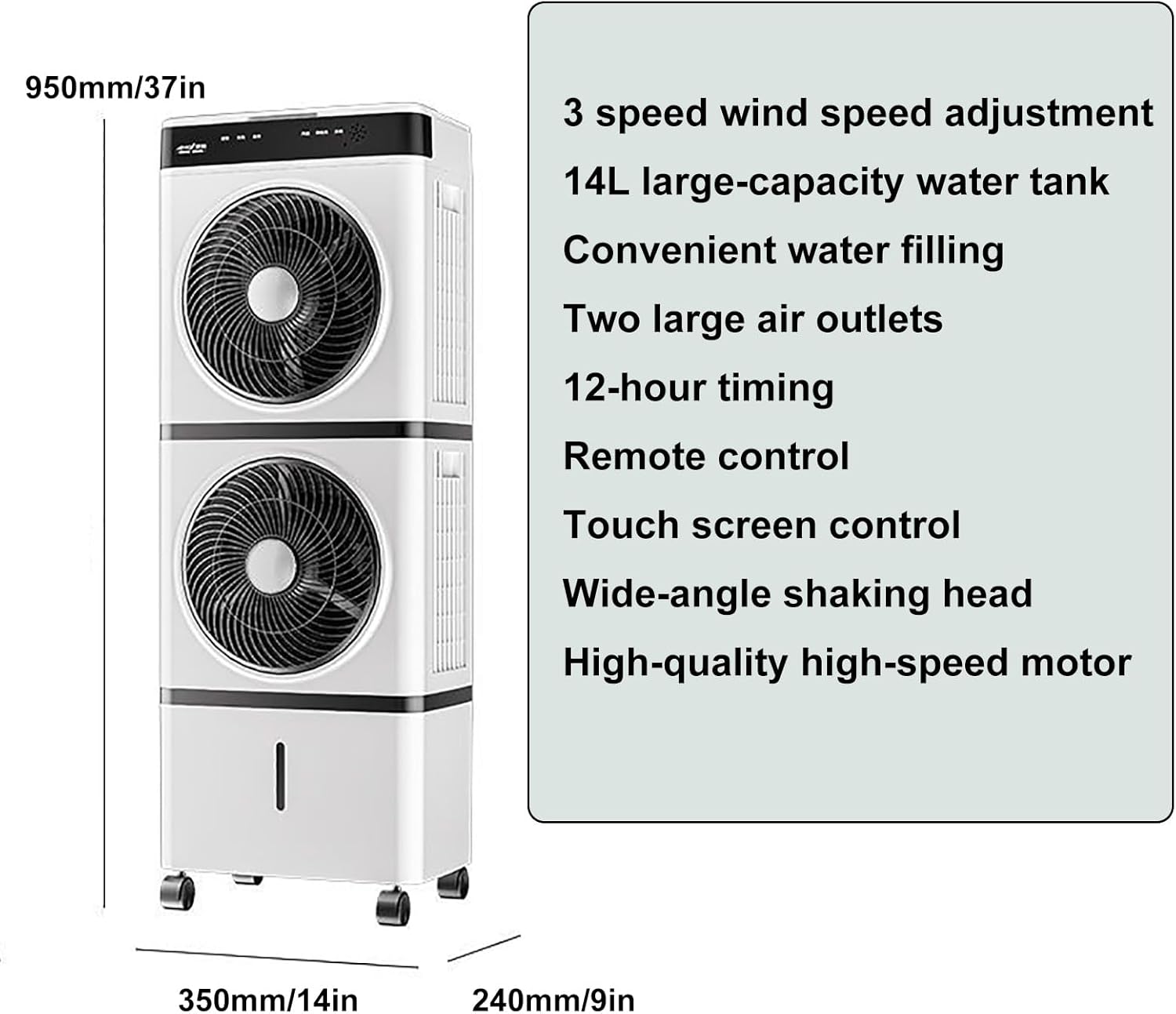 Swamp Cooler Air Conditioner, Evaporative Air Cooler, 14L/3 Gal Tank for Long Cooling, 3 Speeds, Auto Oscillating, 12H Timer, Remote, Water Cooling Fan for Home
