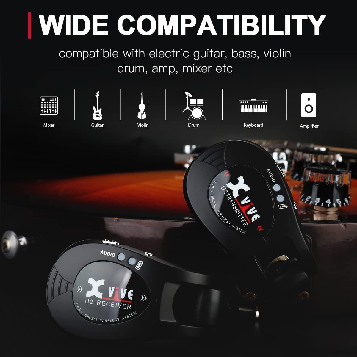 Xvive U2 Guitar Wireless System with Transmitter and Receiver for Electric Guitars, Bass, Violin (Red)