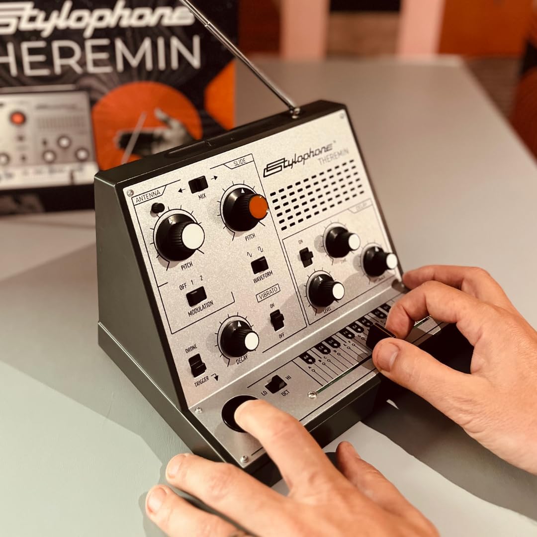 Stylophone Theremin – Award-Winning Portable Touch-Sensitive Synthesizer with Retro Analog Sound, Built-In Speaker, Delay & Vibrato Effects, Slider Control, Compact Battery-Powered Design