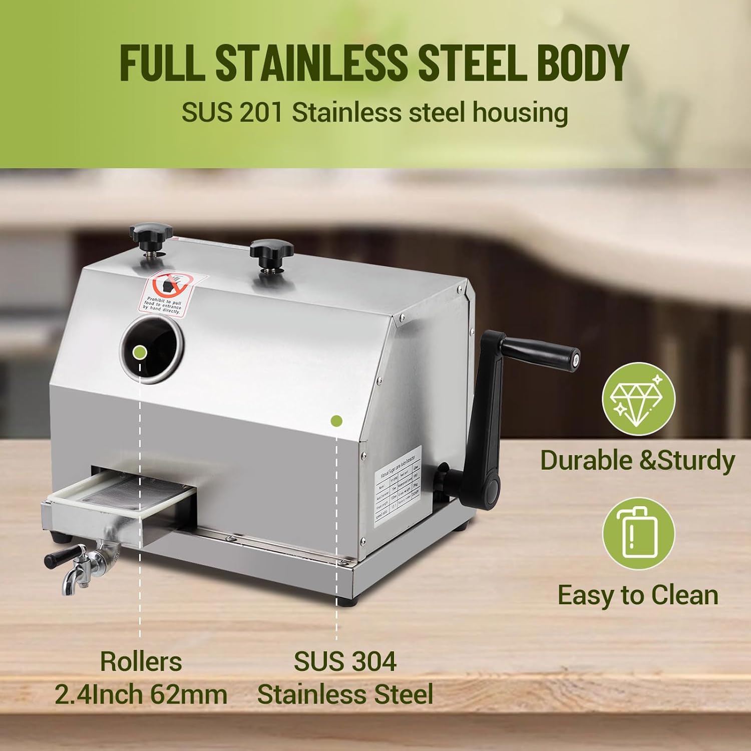 Manual Sugar Cane Juicer Machine, 110 LBS/H Output Commercial Press with Stainless Steel 3 Rollers & 2.4