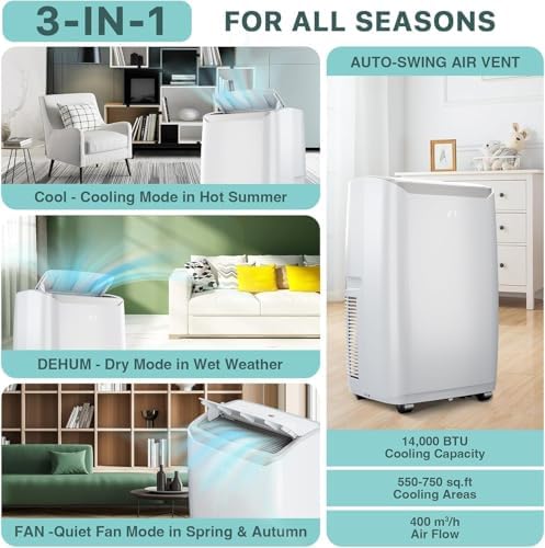 14,000 BTU Portable Air Conditioner with 3-In-1 Functionality (Cool, Fan, Dehumidifier), Cools Up to 750 Sq.Ft, Compact Design with Wheels for Easy Mobility, Remote Control Included, White