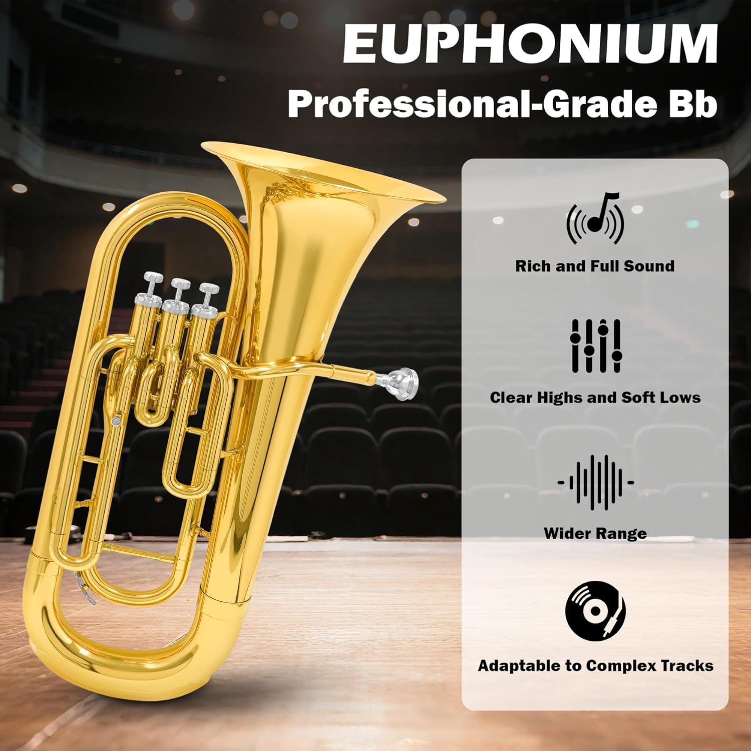 Bb Brass Euphonium - Professional & Intermediate 3 Valve Bb Key Instrument - Gold Lacquer Finish with Stainless Steel Pistons - Includes Hard Case, Mouthpiece, Gloves, Polishing Cloth