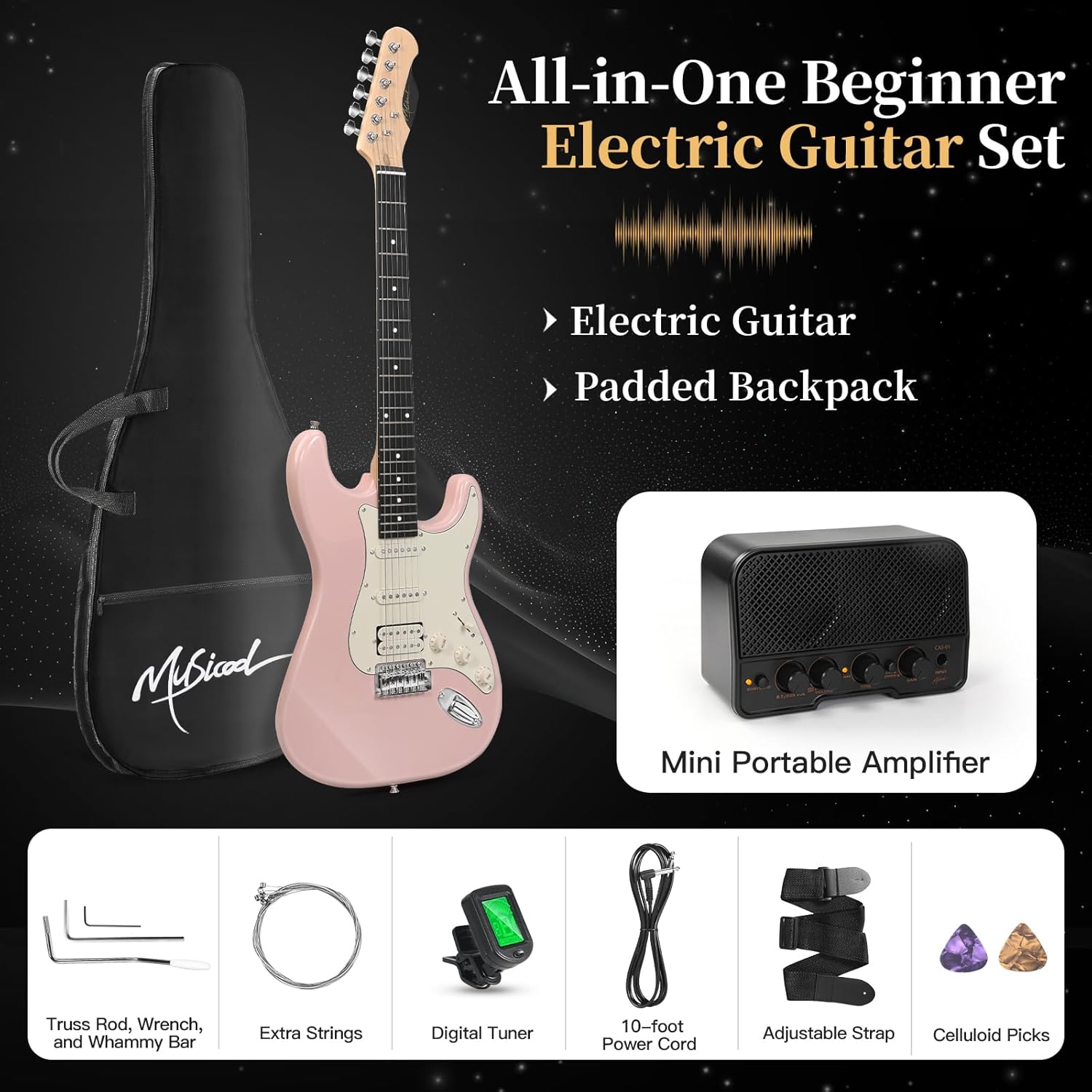 Musicool 39 Inch Electric Guitar Starter Kit– HSS Pickups Solid Body Electric Guitar Includes Amplifier, Bag, Digital Tuner, Strap, String, Cable, Picks, Beginner Gift（Pink ）