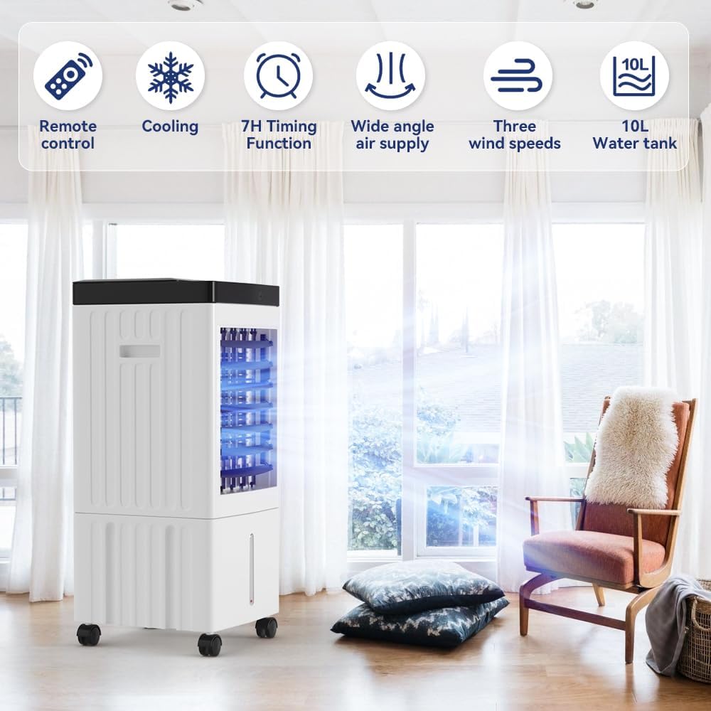 Topteng Portable 10L Evaporative Air Cooler Indoor Swamp Cooler Air Conditioner 24.3Inch Water Cooling Fan 3-IN-1 Evaporative Cooler 3 Speeds with Remote Control Fan & Humidifier, Timing Settings