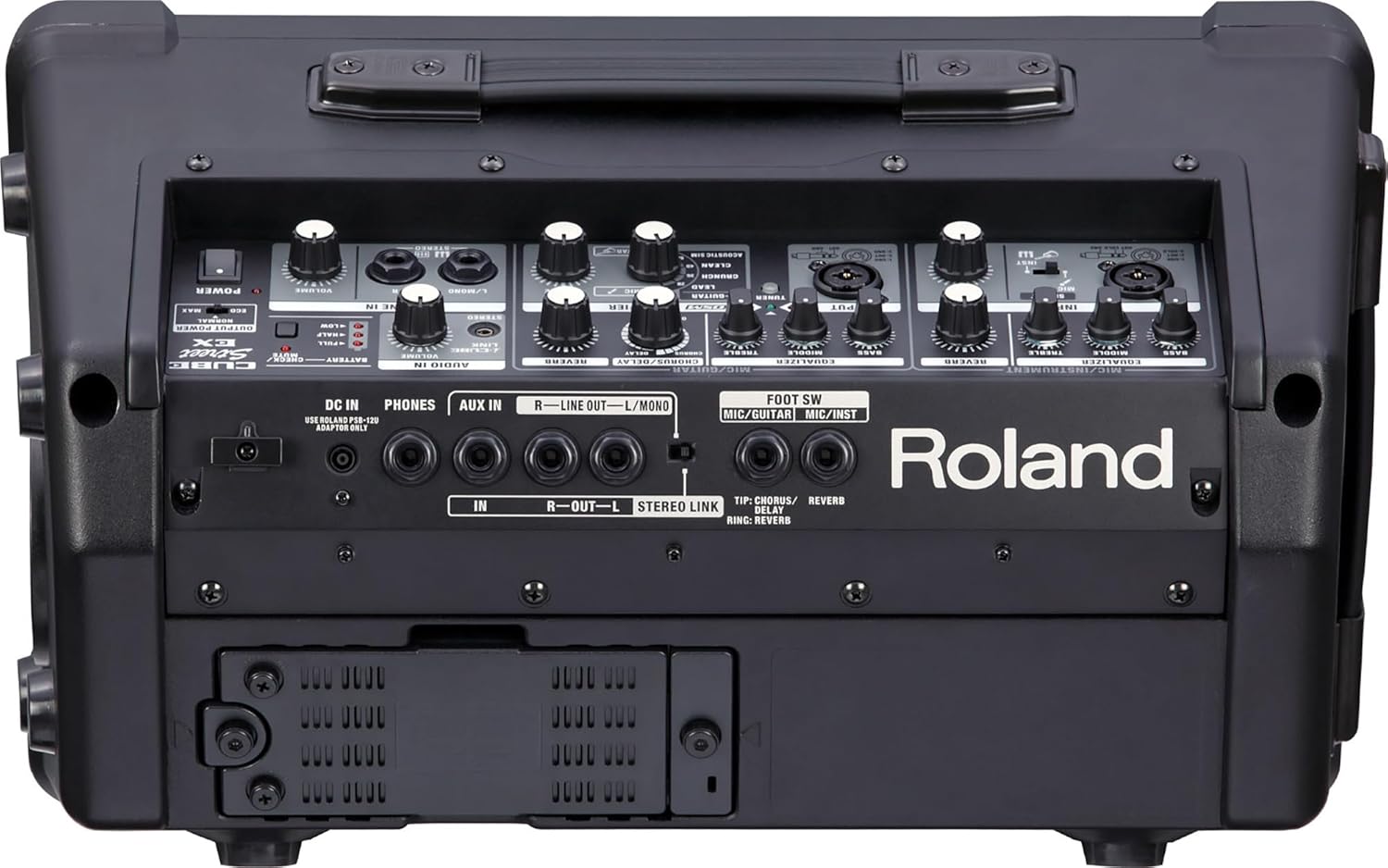 Roland Cube Street EX 4-Channel 50-Watt Battery-Powered Amplifier Bundle with Microphone, Instrument Cable, Batteries, and Austin Bazaar Polishing Cloth
