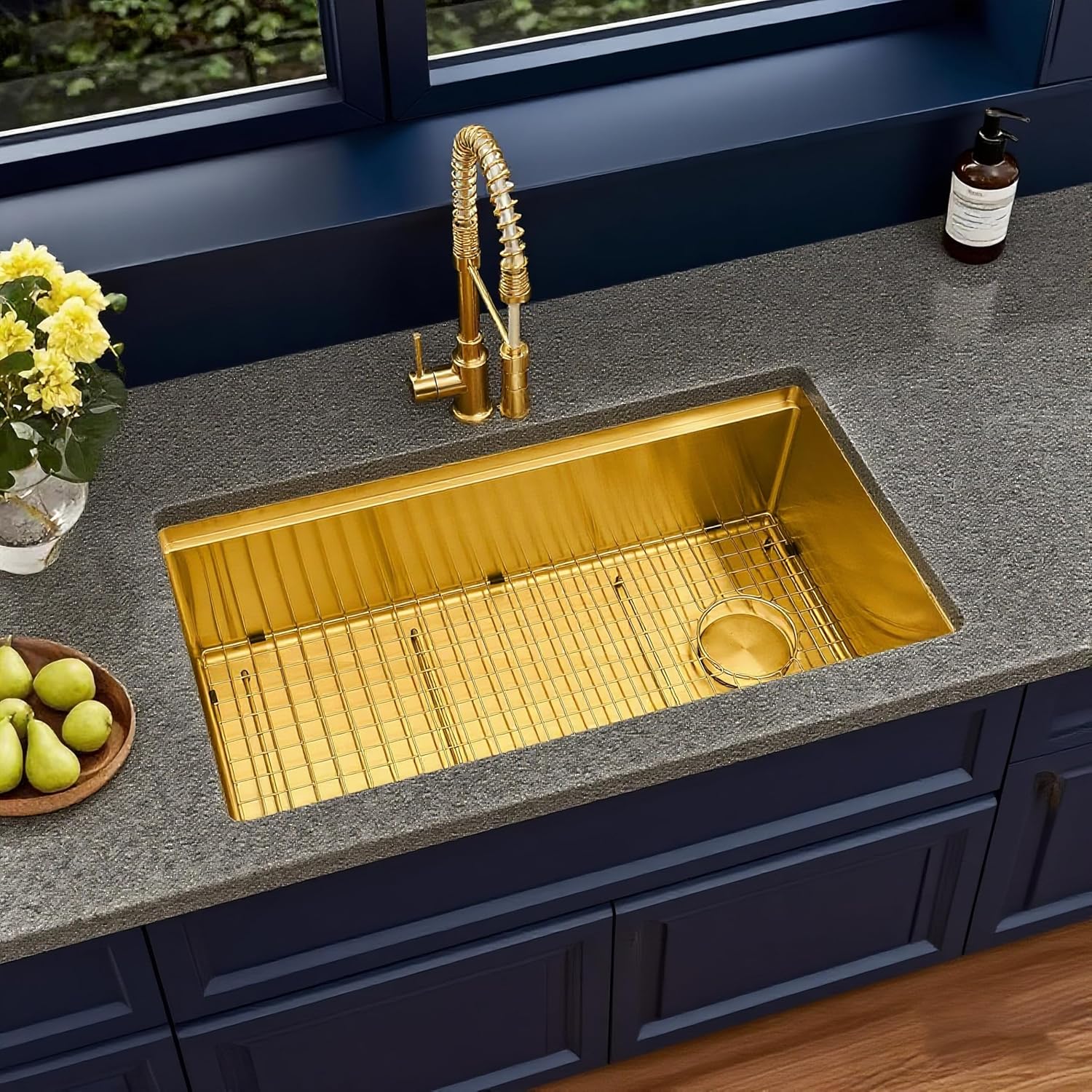 Kitsitchen 30 Inch Gold Undermount Kitchen Sink,16 Gauge Stainless Steel Under Counter Single Bowl Kitchen Sink,10 Inch Deep Workstation Sinks with Abundant Accessories & Offset Drain(30