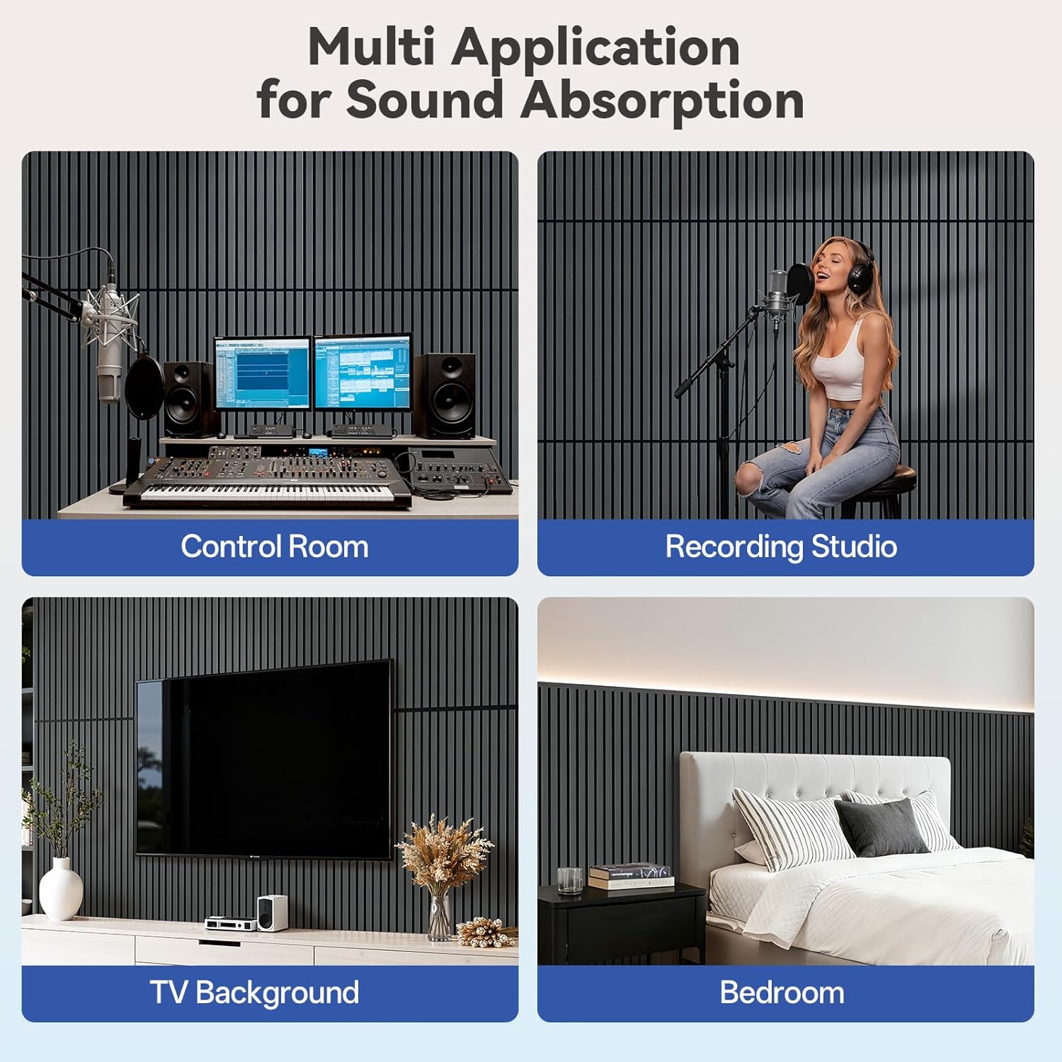 PIWA 9+12mm Wood Acoustic Panels,47.2 x 23.6 in,4-Pack–12mm MDF Surface with 9mm Sound-Absorbing Core – Modular Acoustic Wall Panels for Echo Reduction in Home Studio, Office & Gaming Room-Matte Black