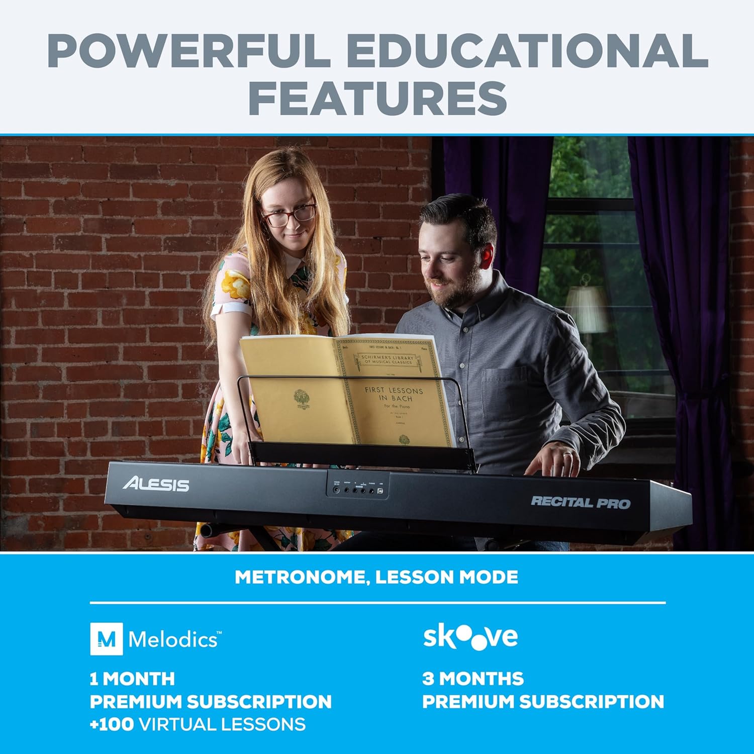 Alesis Recital Pro - 88 Key Digital Piano Keyboard with Hammer Action Weighted Keys, 2x20W Speakers, 12 Voices, Record and Lesson Mode, FX and Display