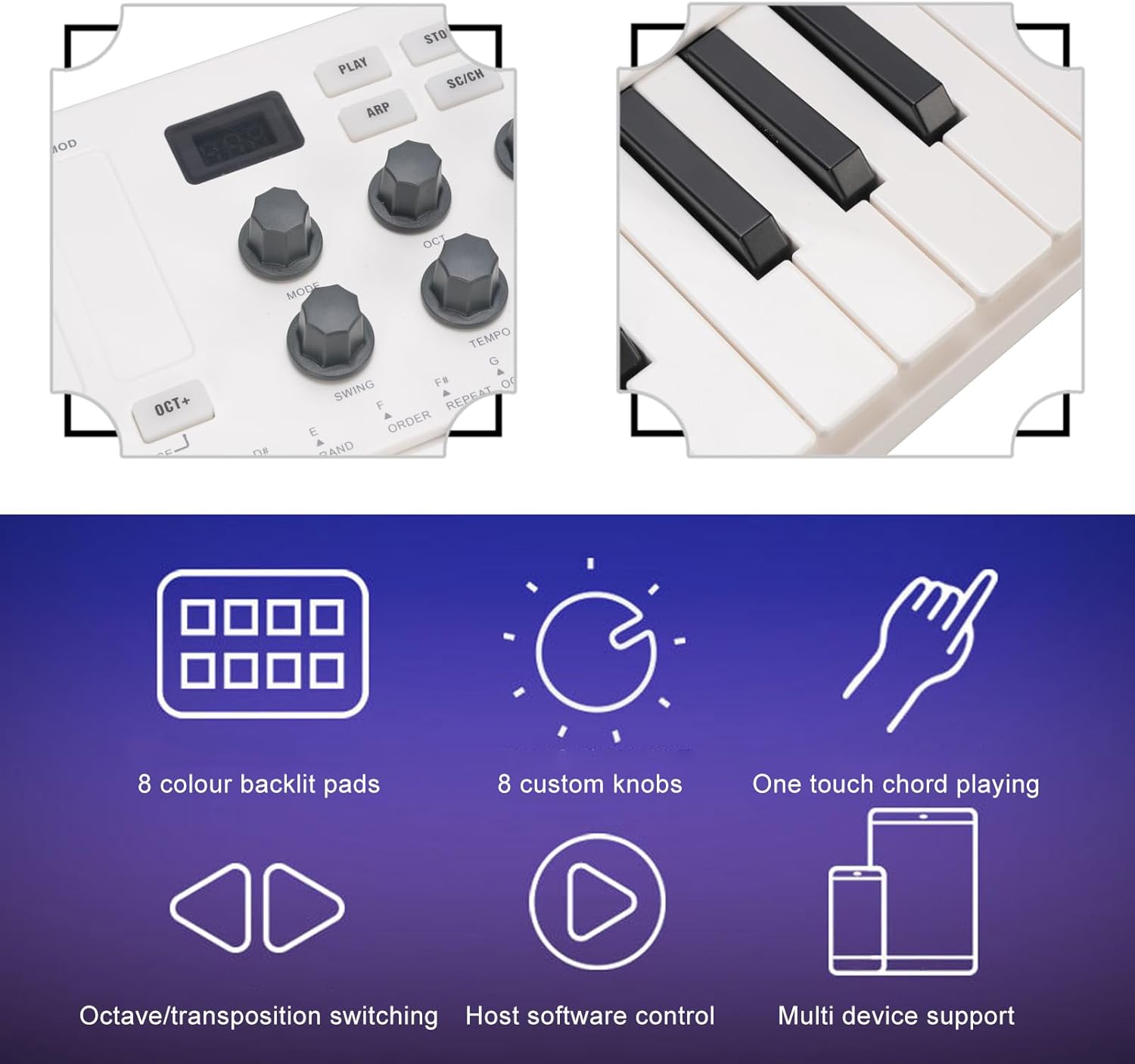 MIDI Keyboard Controller 25 Keys, AIO Rechargeable MIDI Keyboard with 8 Backlit Drum Pads 8 Knobs Beat Maker Universal Multisystem Compatibility MIDI Controller for Music