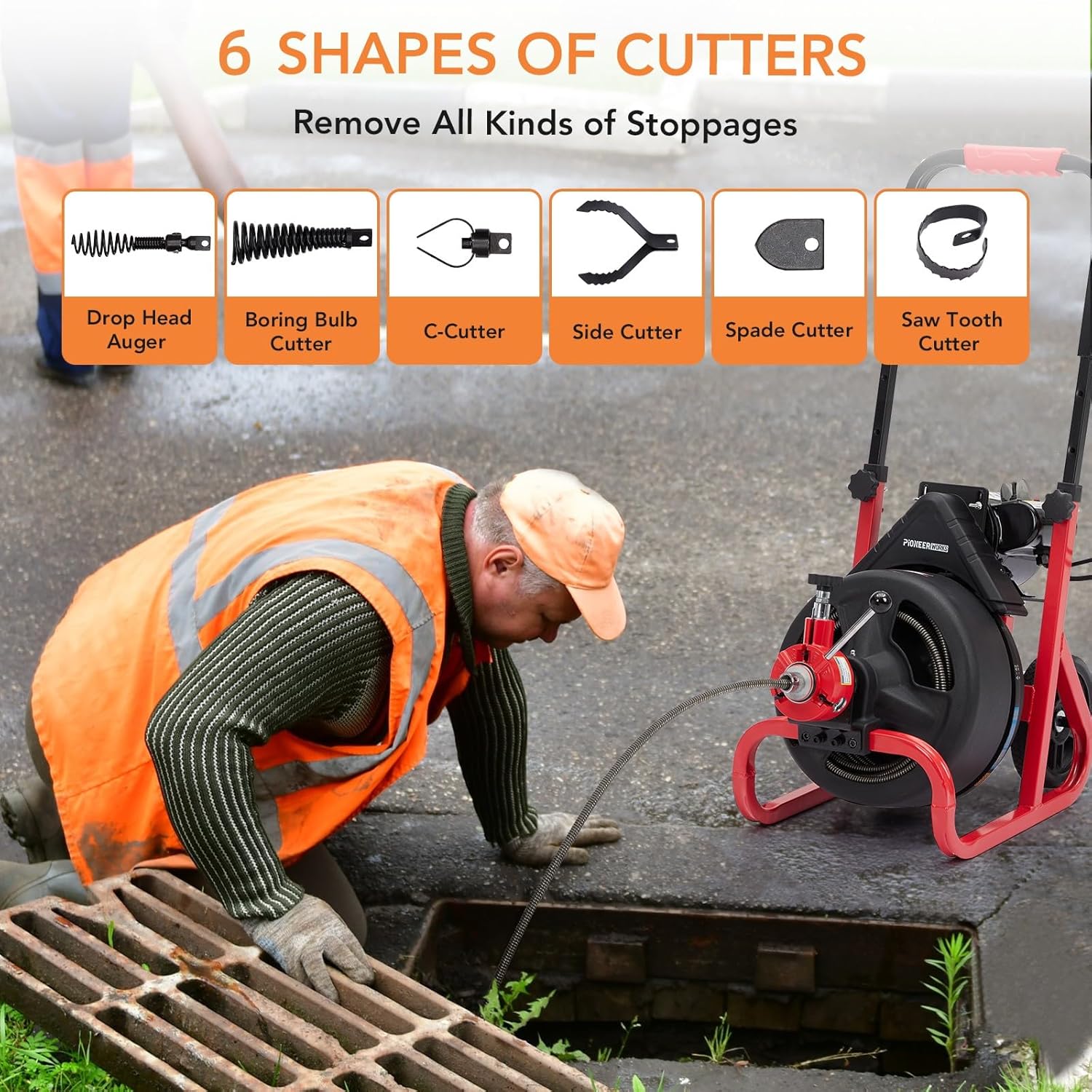 PioneerWorks 75Ft x 1/2 Inch Drain Cleaner Machine, Auto-feed Electric Drain Auger Professional for 2 to 4 Inch Pipes, with 6 Cutters, Glove, Drain Auger Cleaner Sewer Snake