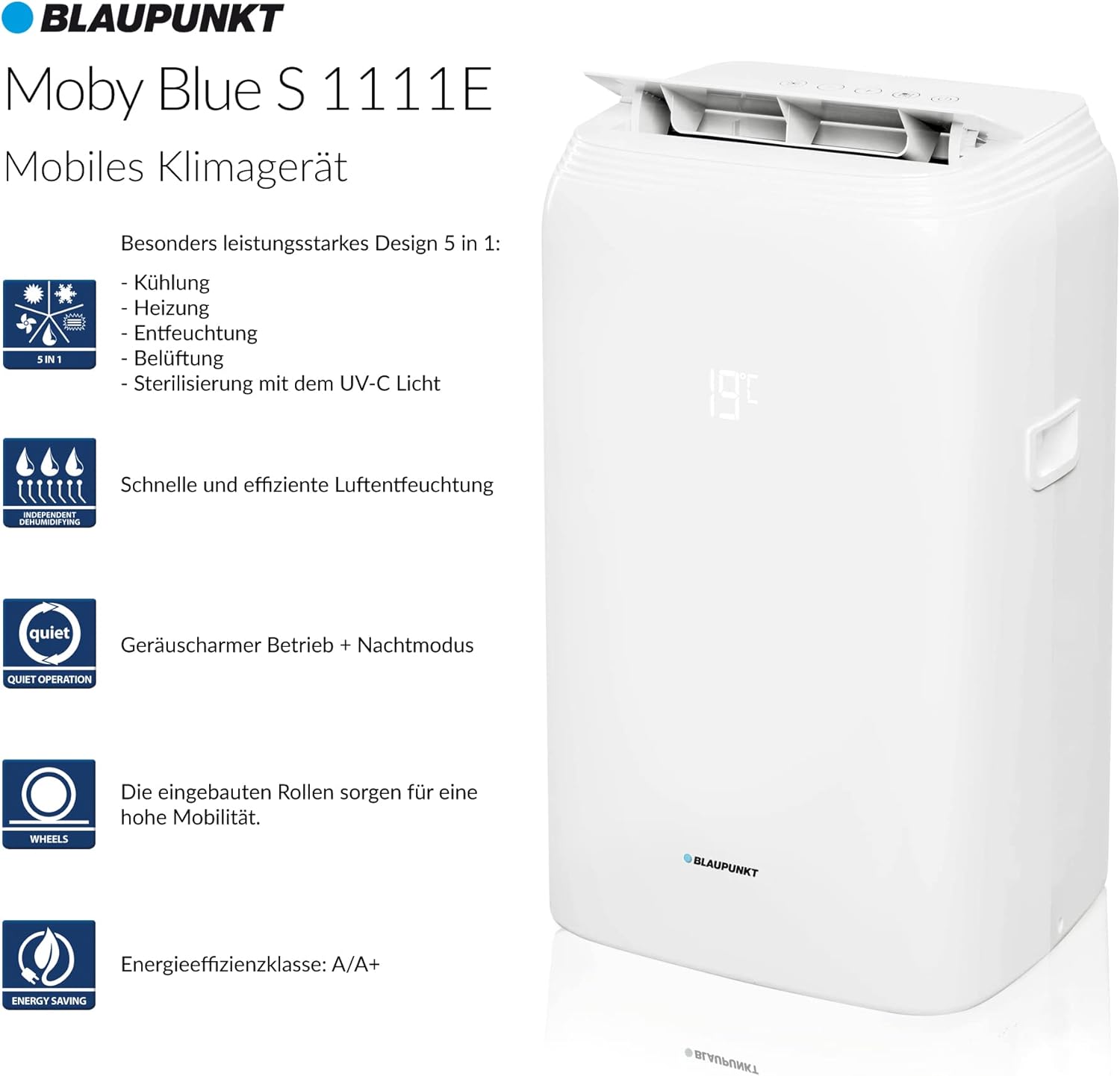 Blaupunkt Moby Blue G 111E (Mod. '21), mobile air conditioner local air conditioner, EU energy class A/A +, white, cold (3.2 kW / 11 kBTU), heating (2.9 kW / 10 kBTU), UV function, dehumidification,