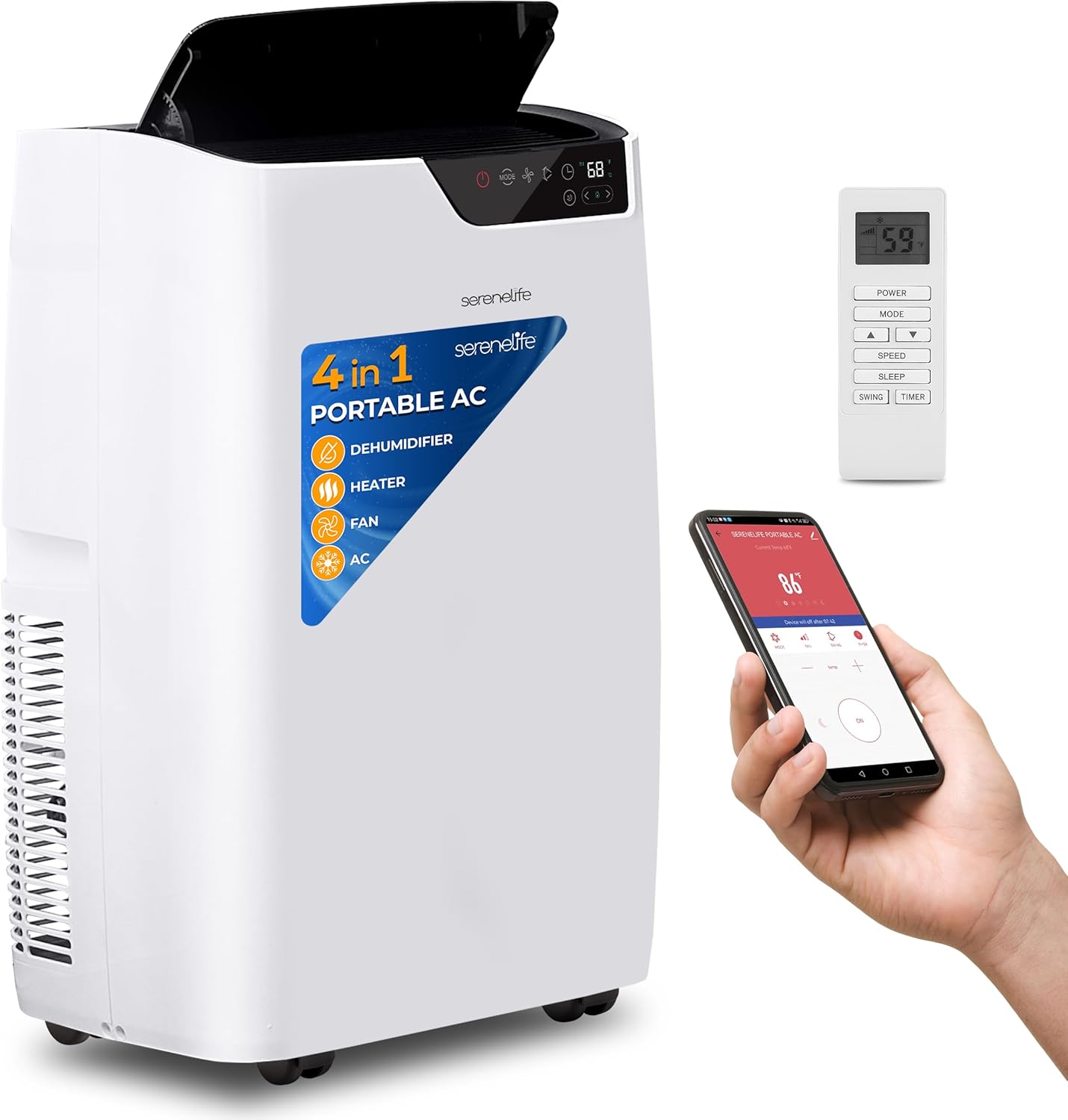 SereneLife 14000 BTU Portable Air Conditioner 4-in-1 with Heating - Compact Standing Air Conditioner for Room Up to 400 Sq. Ft. Floor AC Unit with Remote Control - Universal Casters, Window Mount Kit