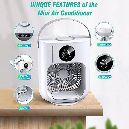 Portable Air Conditioner Fan, Personal Mini Evaporative Air Cooler Desk Cooling Fan Small AC Humidifier LED Display USB with 1000ML Large Capacity,for Bedroom Home Camping Office