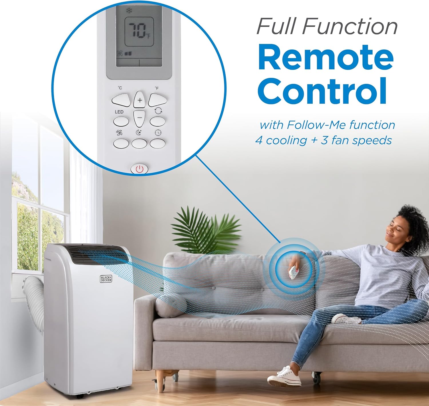 BLACK+DECKER Portable Air Conditioner, 12,000 BTU (8,000 BTU SACC) for Rooms up to 550 Sq. Ft., Portable AC with Follow Me Remote Control and Window Kit, BPACT12WT, White